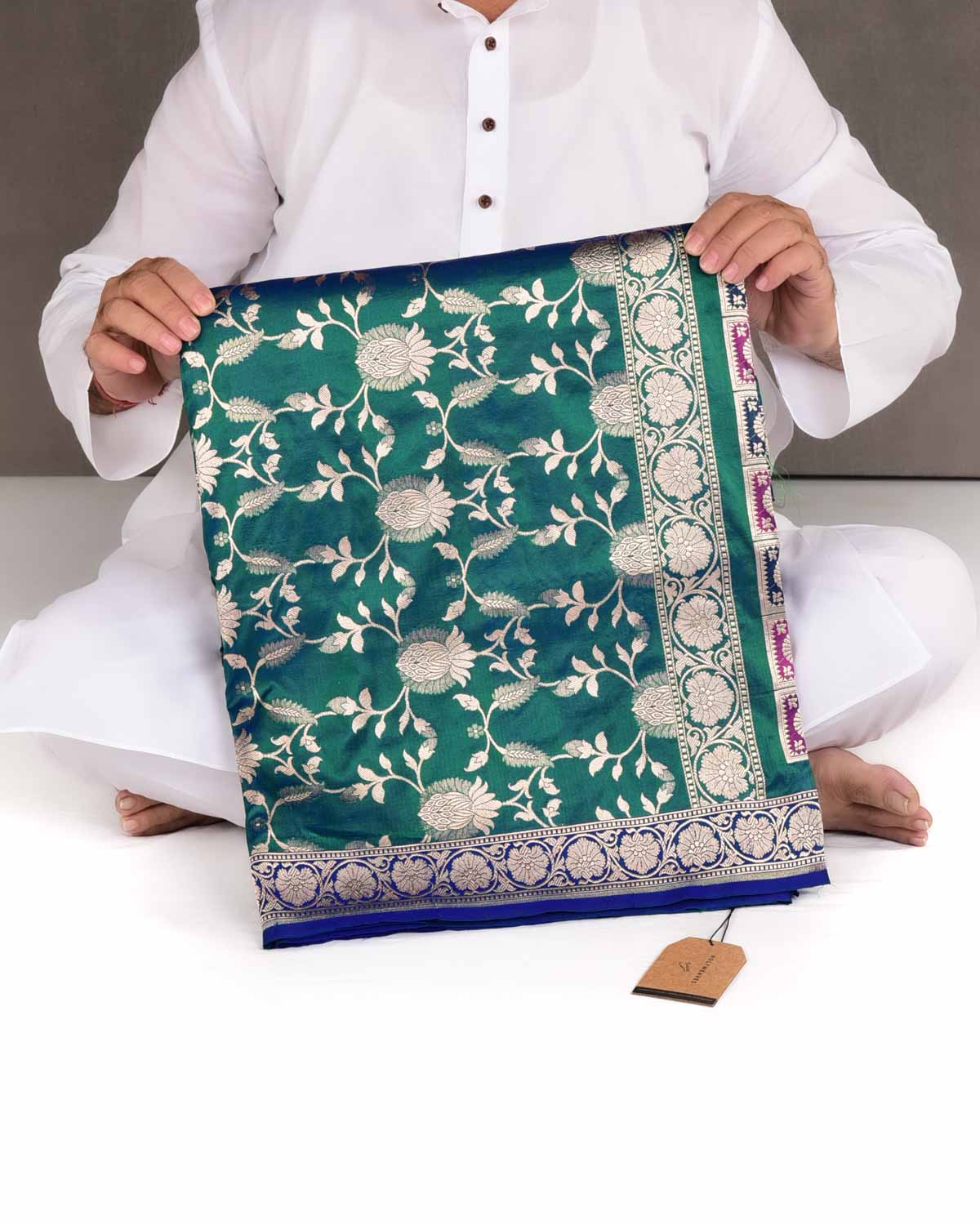 Shot Blue-Green Gold Zari Jaal Cutwork Brocade Handwoven Katan Silk Banarasi Half-&-Half Saree