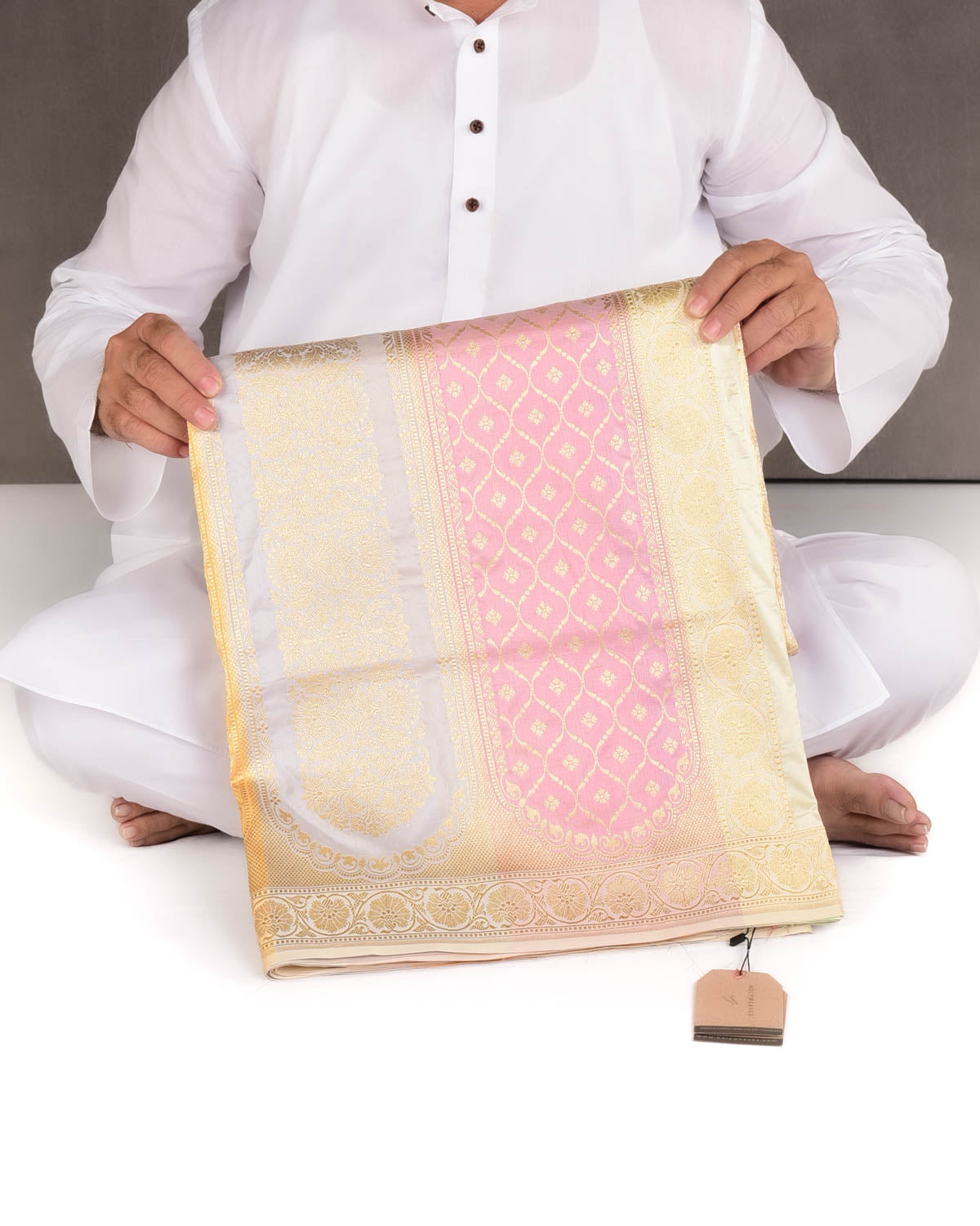 Cream Multi-color Gold Zari Mehrab Cutwork Brocade Handwoven Katan Silk Banarasi Saree