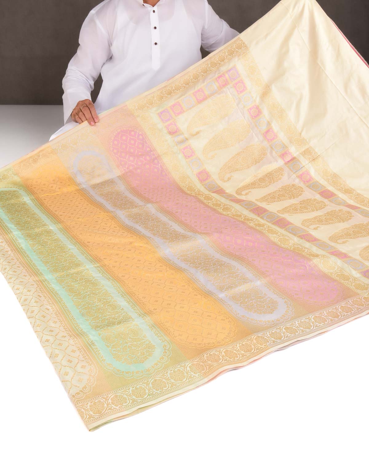 Cream Multi-color Gold Zari Mehrab Cutwork Brocade Handwoven Katan Silk Banarasi Saree-HolyWeaves