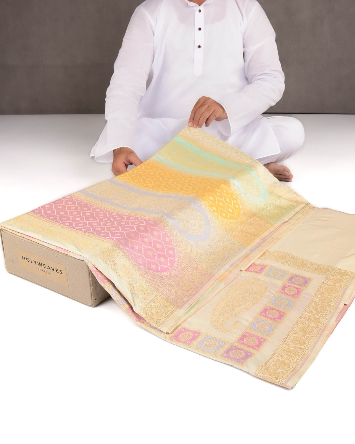 Cream Multi-color Gold Zari Mehrab Cutwork Brocade Handwoven Katan Silk Banarasi Saree