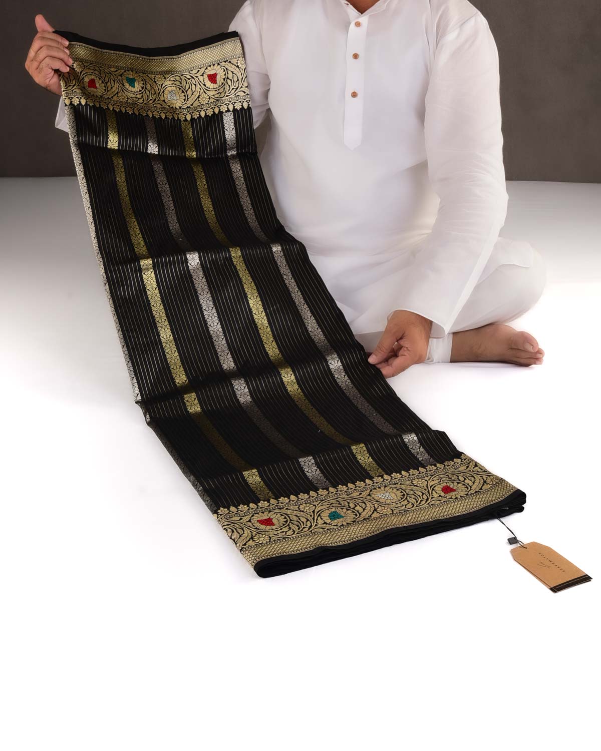 Black Gold & Silver Metallic Zari Ornament Stripes Kadhuan Brocade Handwoven Katan Silk Banarasi Saree with Meenekari Border-HolyWeaves