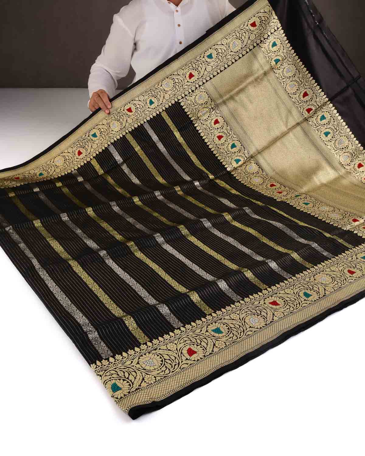 Black Gold & Silver Metallic Zari Ornament Stripes Kadhuan Brocade Handwoven Katan Silk Banarasi Saree with Meenekari Border-HolyWeaves
