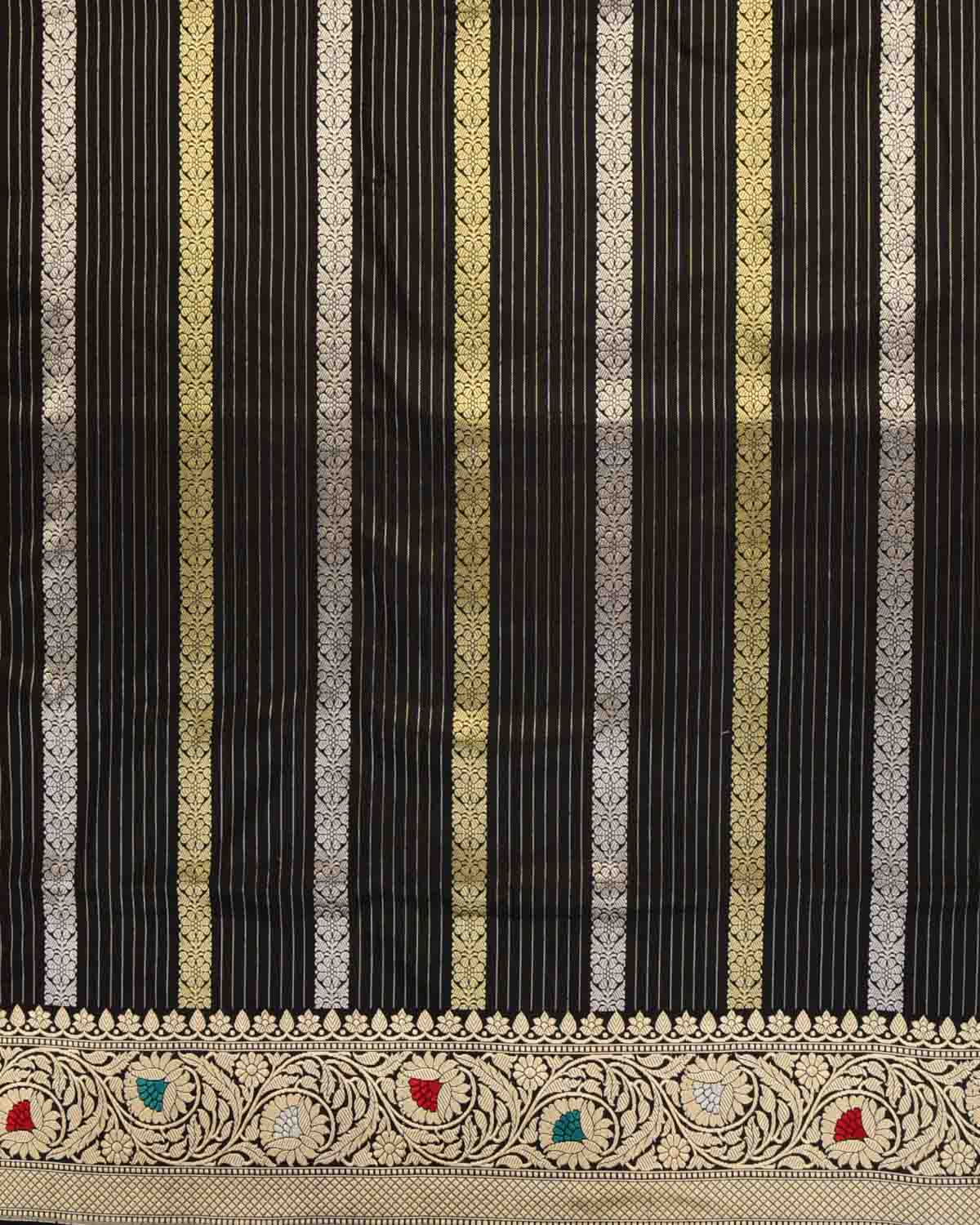 Black Gold & Silver Metallic Zari Ornament Stripes Kadhuan Brocade Handwoven Katan Silk Banarasi Saree with Meenekari Border-HolyWeaves