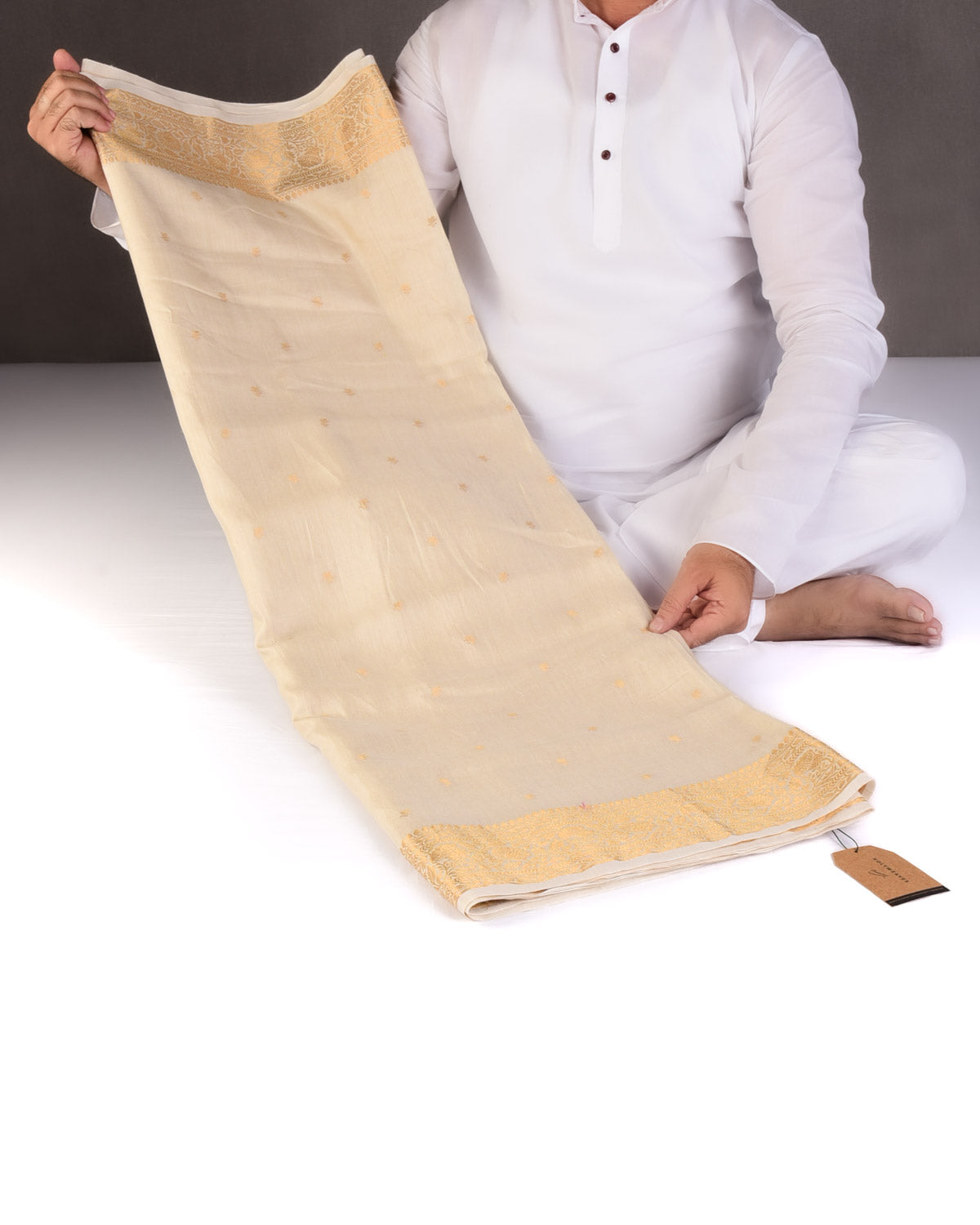 Beige Gold Zari Buti Cutwork Brocade Woven Muga Silk Banarasi Saree-HolyWeaves