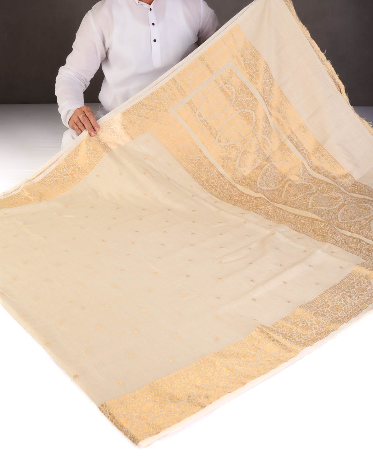 Beige Gold Zari Buti Cutwork Brocade Woven Muga Silk Banarasi Saree-HolyWeaves