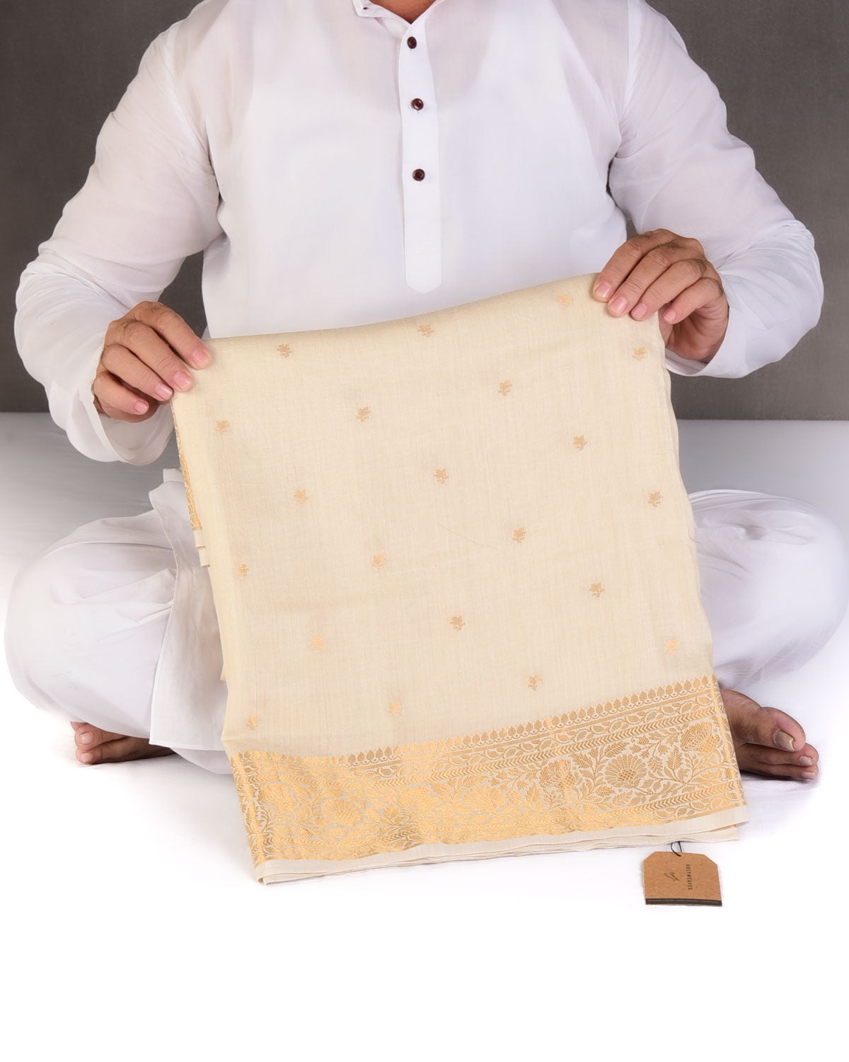 Beige Gold Zari Buti Cutwork Brocade Woven Muga Silk Banarasi Saree-HolyWeaves