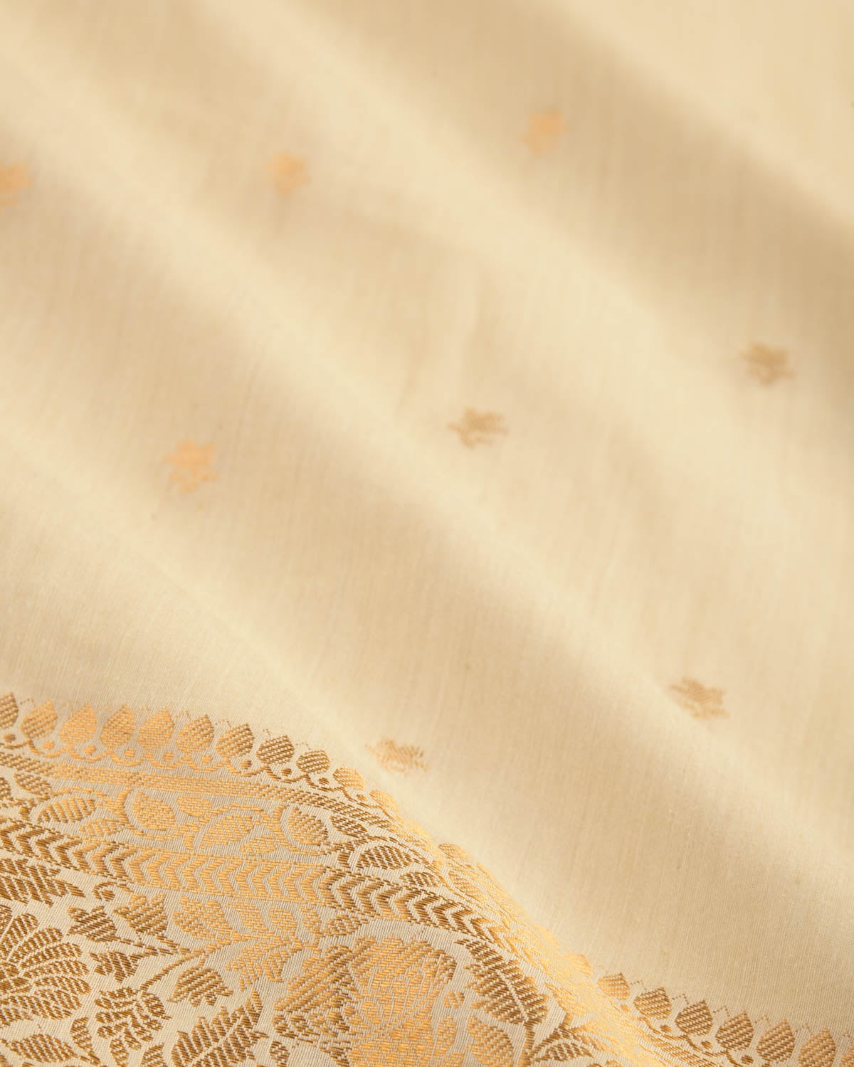 Beige Gold Zari Buti Cutwork Brocade Woven Muga Silk Banarasi Saree-HolyWeaves