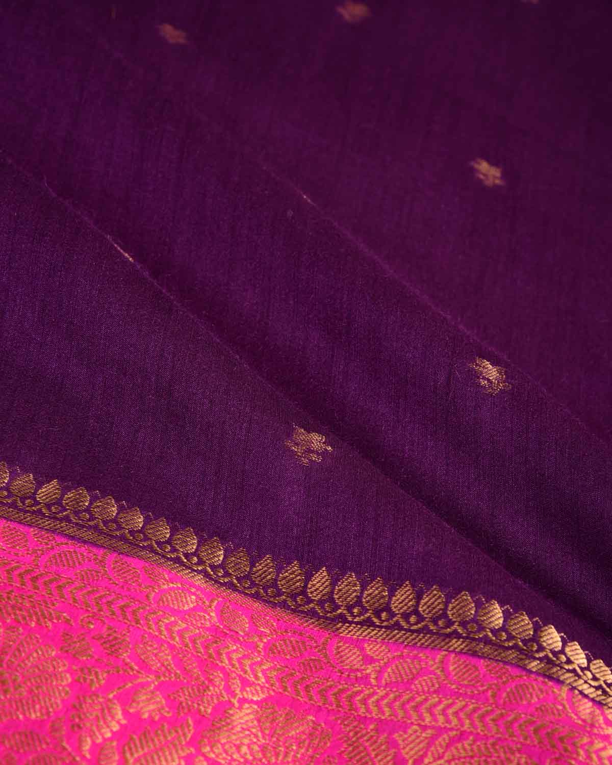 Purple Gold Zari Buti Cutwork Brocade Woven Muga Silk Banarasi Saree with Contrast Pink Border Pallu-HolyWeaves