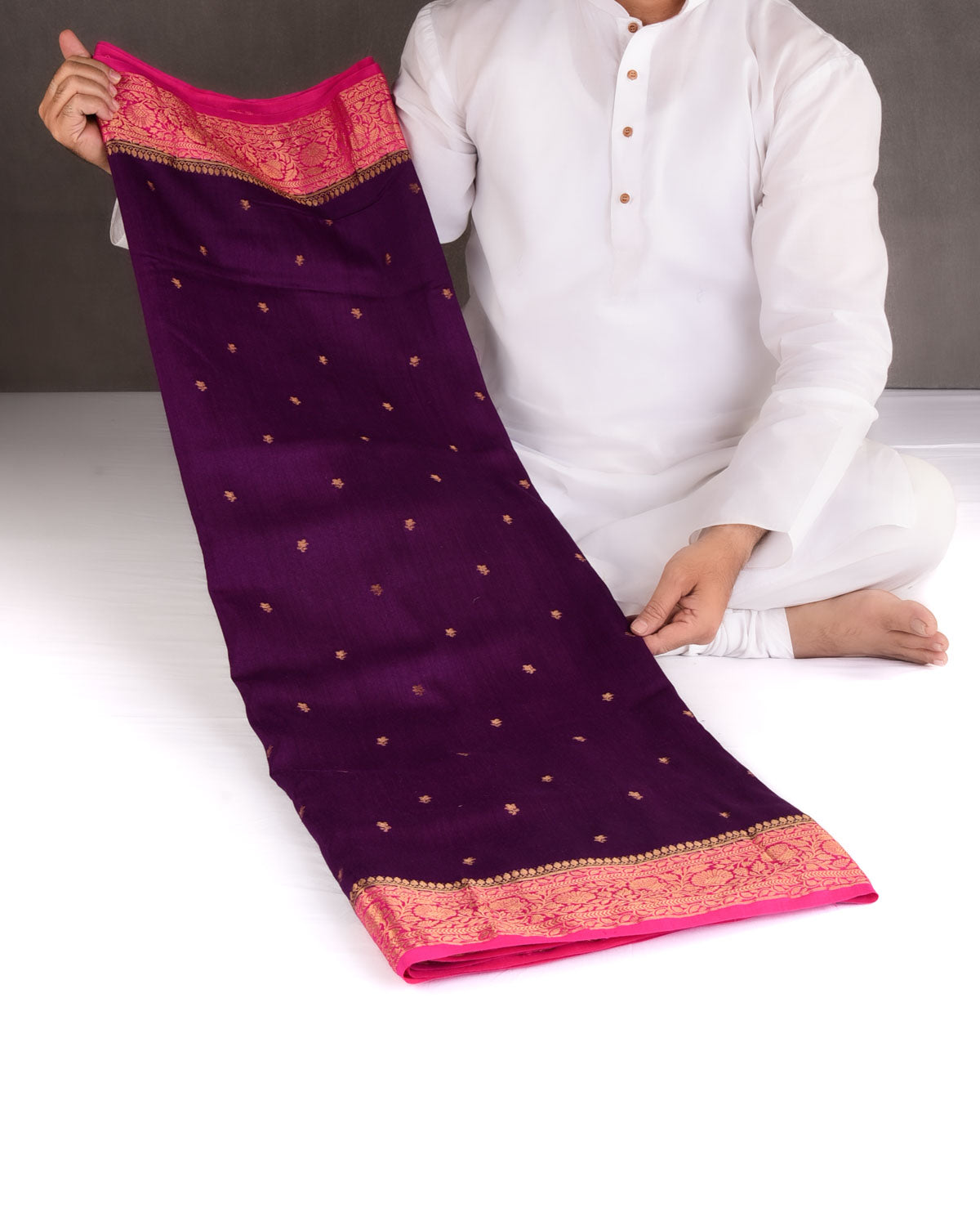 Purple Gold Zari Buti Cutwork Brocade Woven Muga Silk Banarasi Saree with Contrast Pink Border Pallu-HolyWeaves