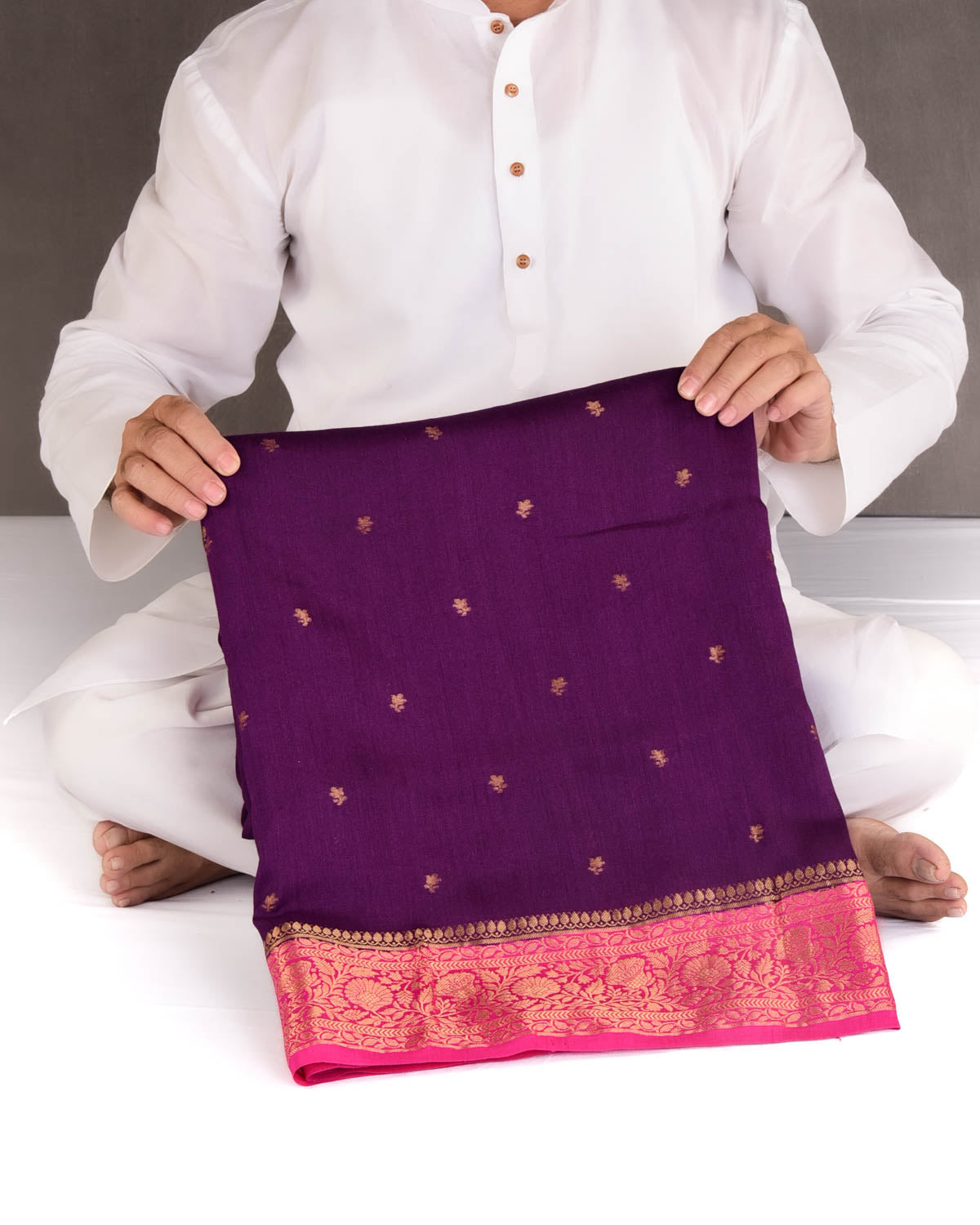 Purple Gold Zari Buti Cutwork Brocade Woven Muga Silk Banarasi Saree with Contrast Pink Border Pallu-HolyWeaves