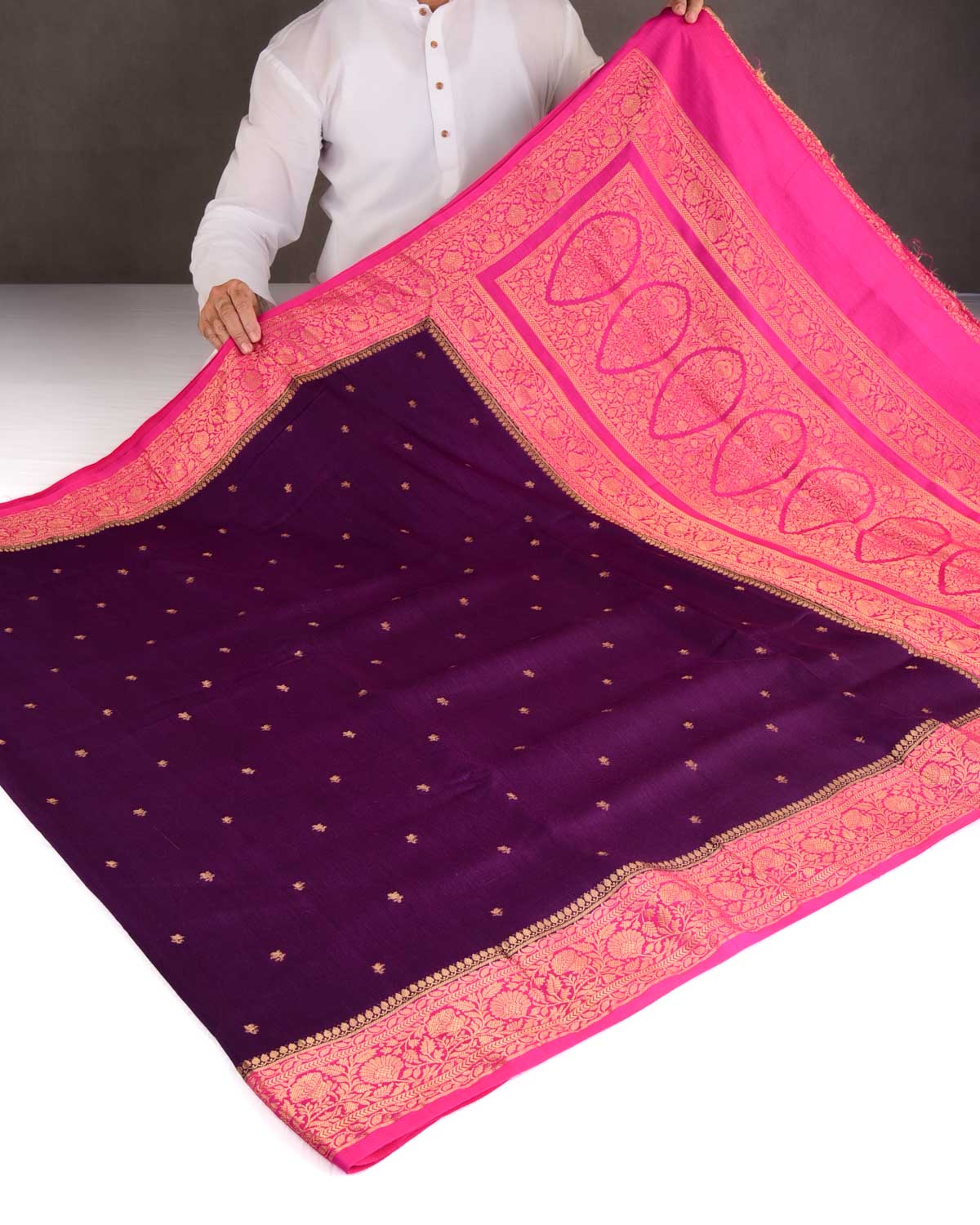 Purple Gold Zari Buti Cutwork Brocade Woven Muga Silk Banarasi Saree with Contrast Pink Border Pallu-HolyWeaves