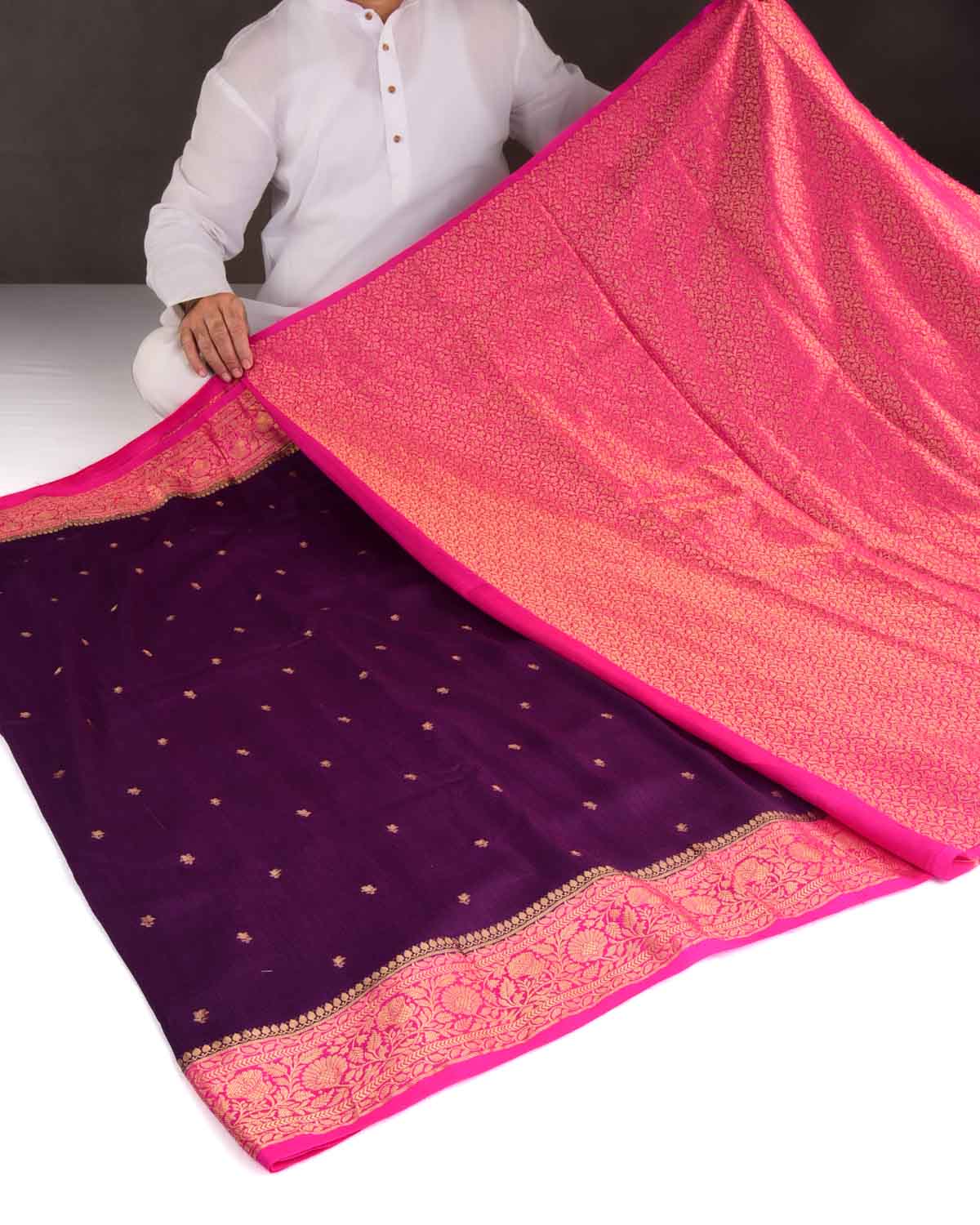 Purple Gold Zari Buti Cutwork Brocade Woven Muga Silk Banarasi Saree with Contrast Pink Border Pallu-HolyWeaves