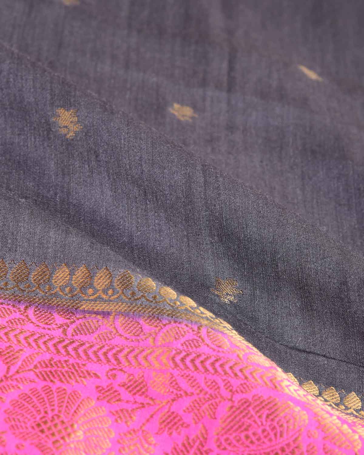 Gray Gold Zari Buti Cutwork Brocade Woven Muga Silk Banarasi Saree with Contrast Pink Border Pallu-HolyWeaves