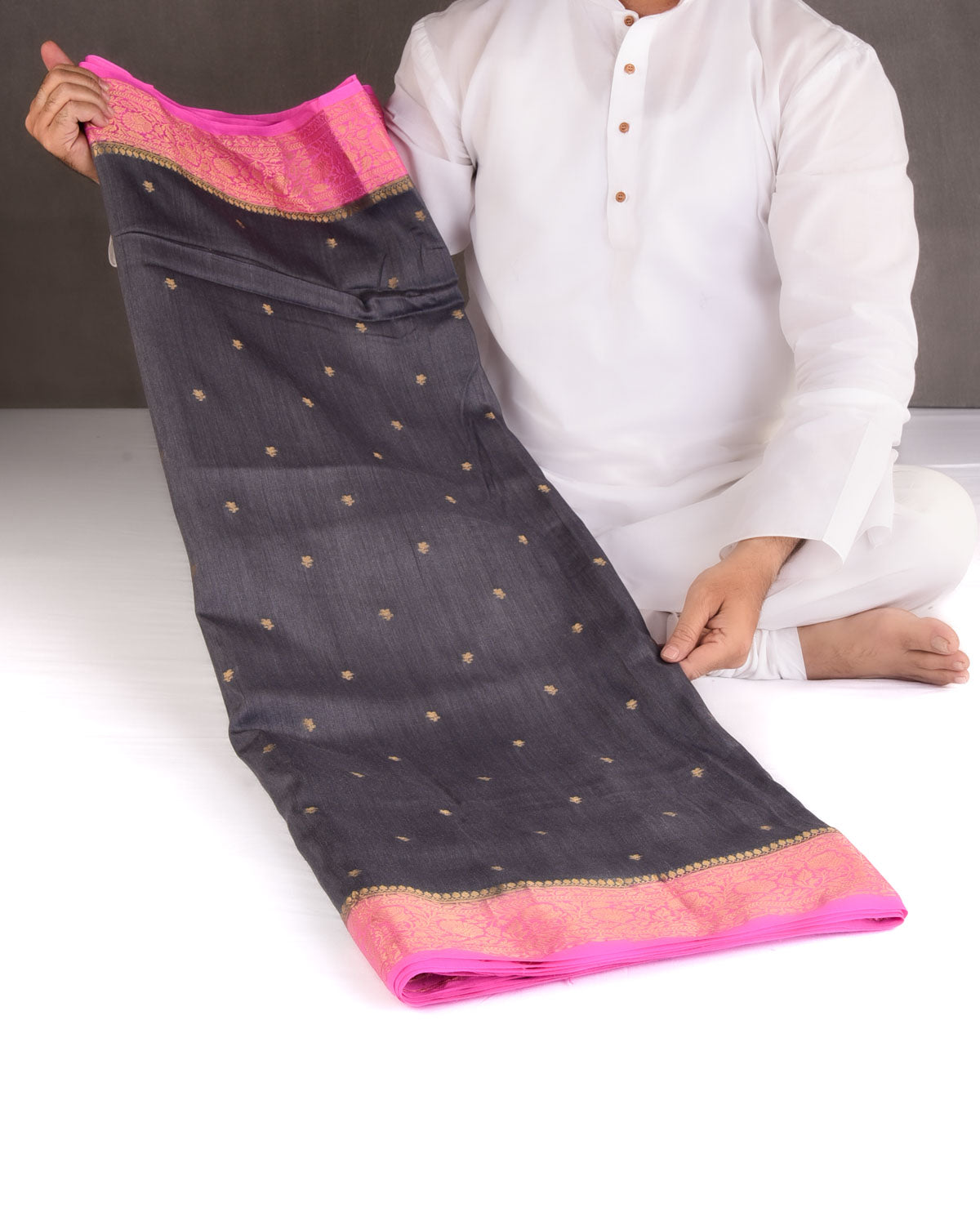 Gray Gold Zari Buti Cutwork Brocade Woven Muga Silk Banarasi Saree with Contrast Pink Border Pallu-HolyWeaves