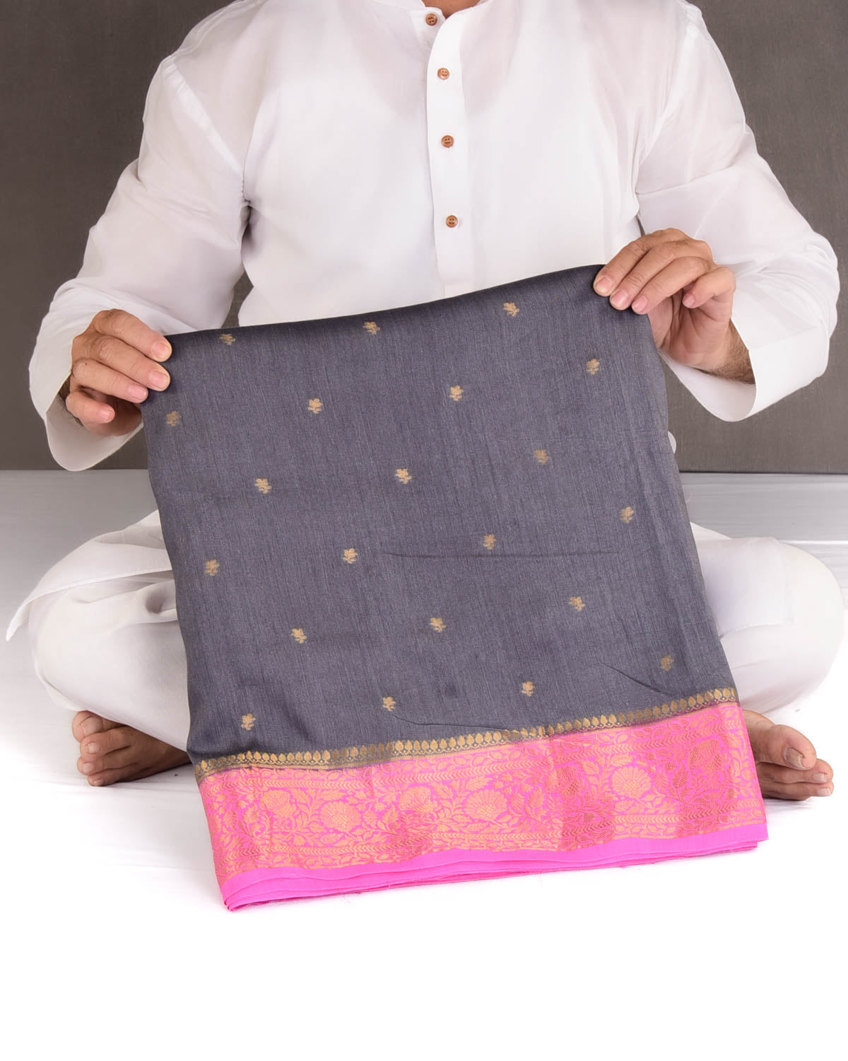 Gray Gold Zari Buti Cutwork Brocade Woven Muga Silk Banarasi Saree with Contrast Pink Border Pallu-HolyWeaves