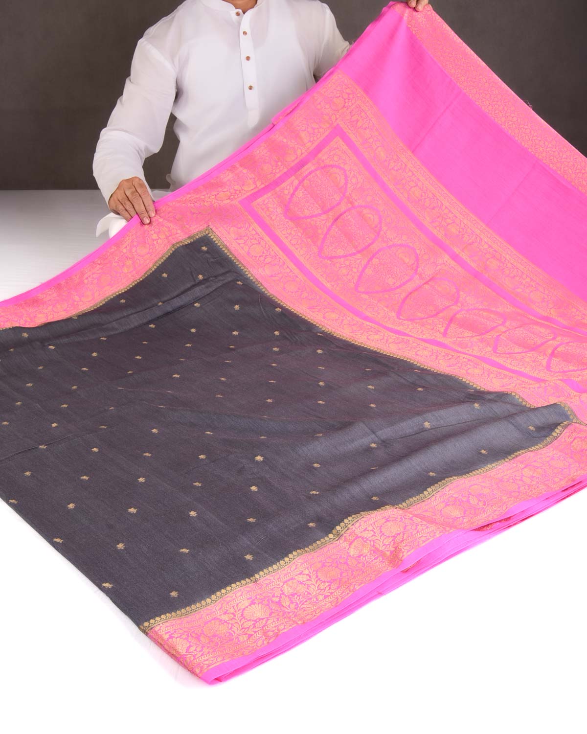 Gray Gold Zari Buti Cutwork Brocade Woven Muga Silk Banarasi Saree with Contrast Pink Border Pallu-HolyWeaves