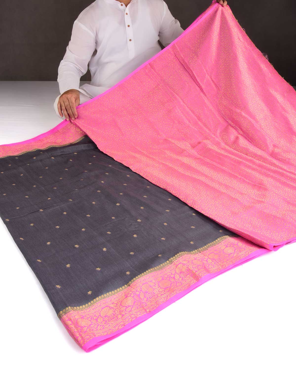 Gray Gold Zari Buti Cutwork Brocade Woven Muga Silk Banarasi Saree with Contrast Pink Border Pallu-HolyWeaves