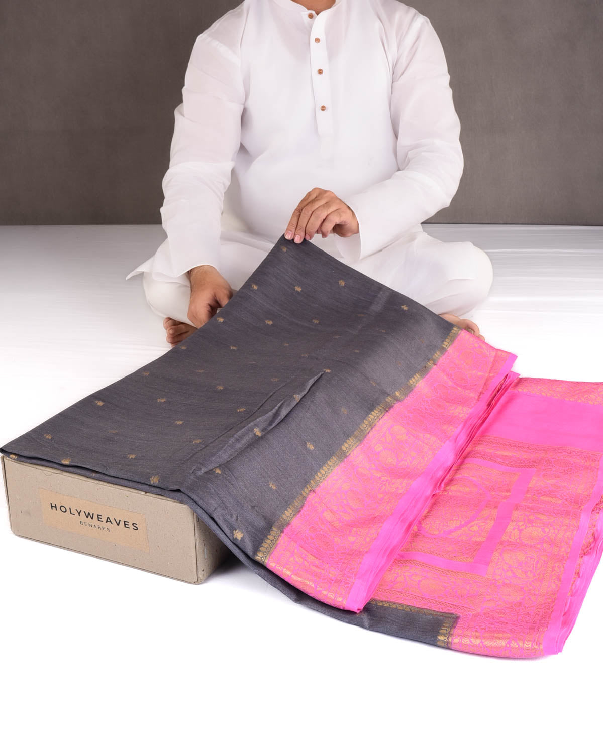 Gray Gold Zari Buti Cutwork Brocade Woven Muga Silk Banarasi Saree with Contrast Pink Border Pallu-HolyWeaves