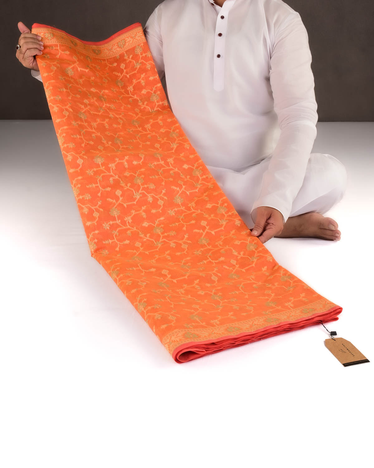 Orange Resham Jaal Cutwork Brocade Woven Art Cotton Silk Banarasi Saree-HolyWeaves