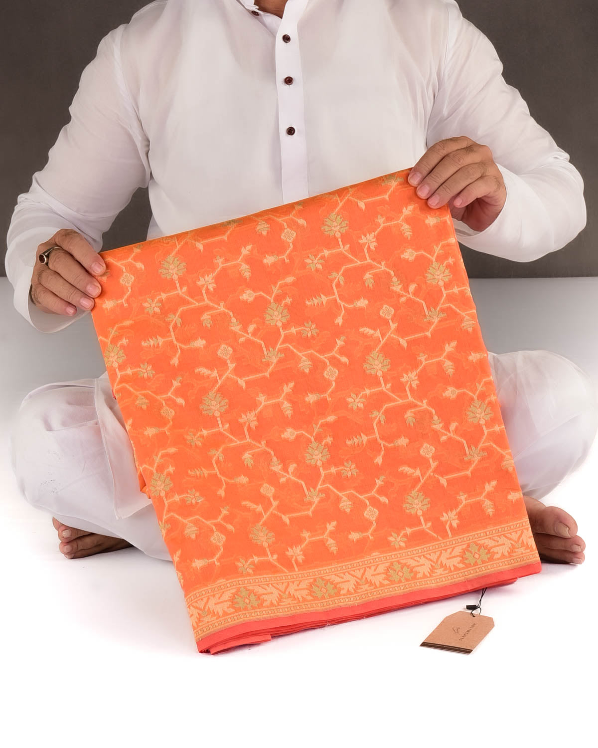 Orange Resham Jaal Cutwork Brocade Woven Art Cotton Silk Banarasi Saree-HolyWeaves
