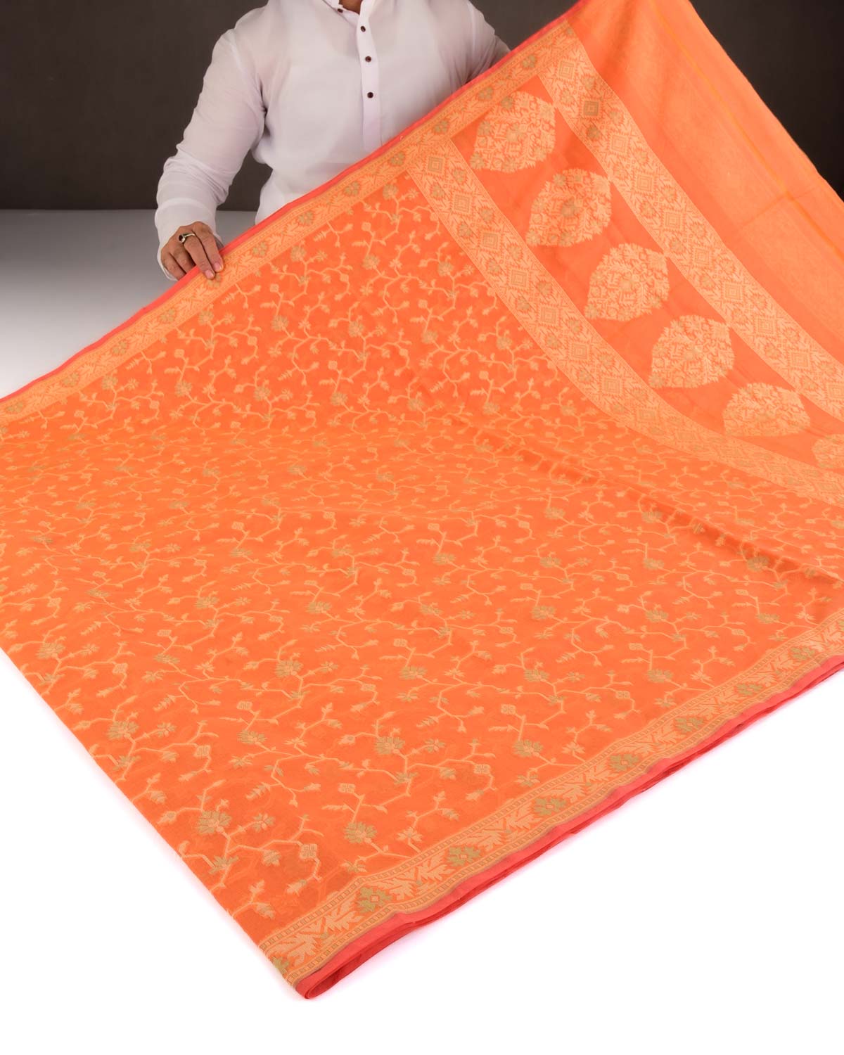 Orange Resham Jaal Cutwork Brocade Woven Art Cotton Silk Banarasi Saree-HolyWeaves