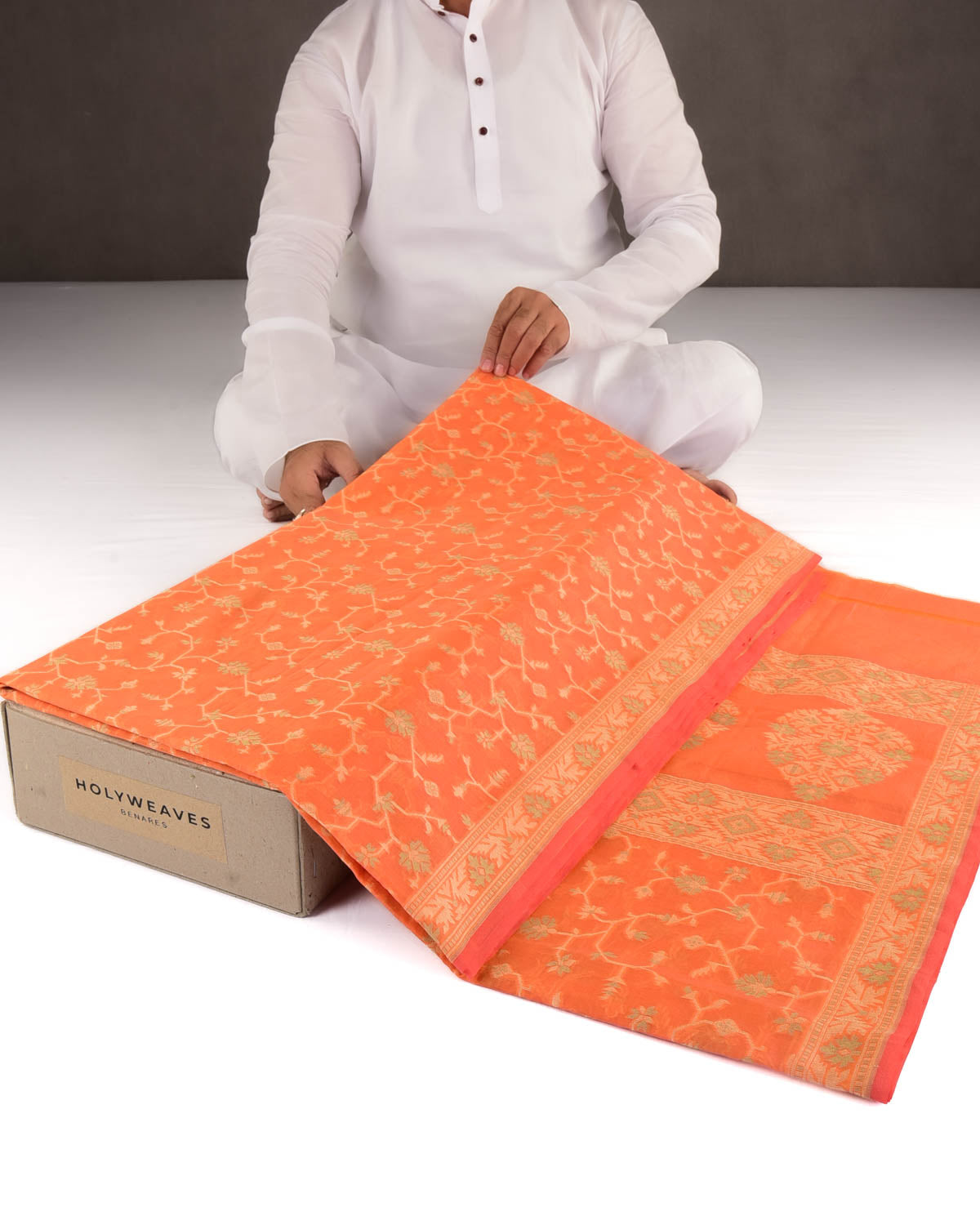 Orange Resham Jaal Cutwork Brocade Woven Art Cotton Silk Banarasi Saree-HolyWeaves