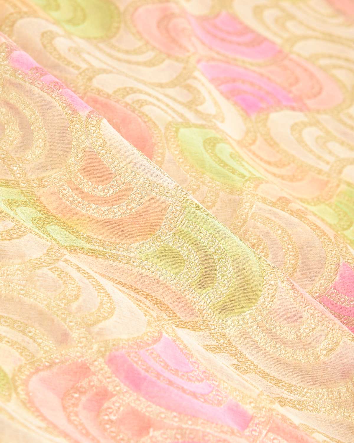 Beige Gold Zari Labyrinth Grids Hand Brush Dye Cutwork Brocade Handwoven Khaddi Georgette Banarasi Saree-HolyWeaves