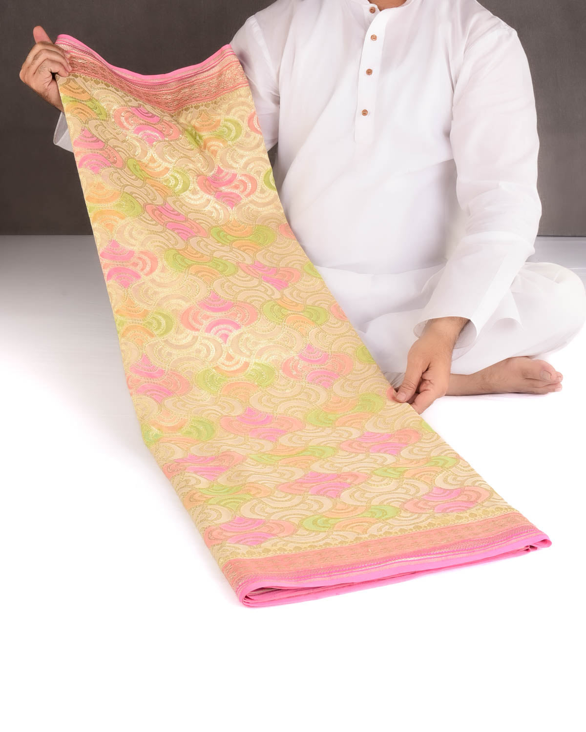 Beige Gold Zari Labyrinth Grids Hand Brush Dye Cutwork Brocade Handwoven Khaddi Georgette Banarasi Saree-HolyWeaves