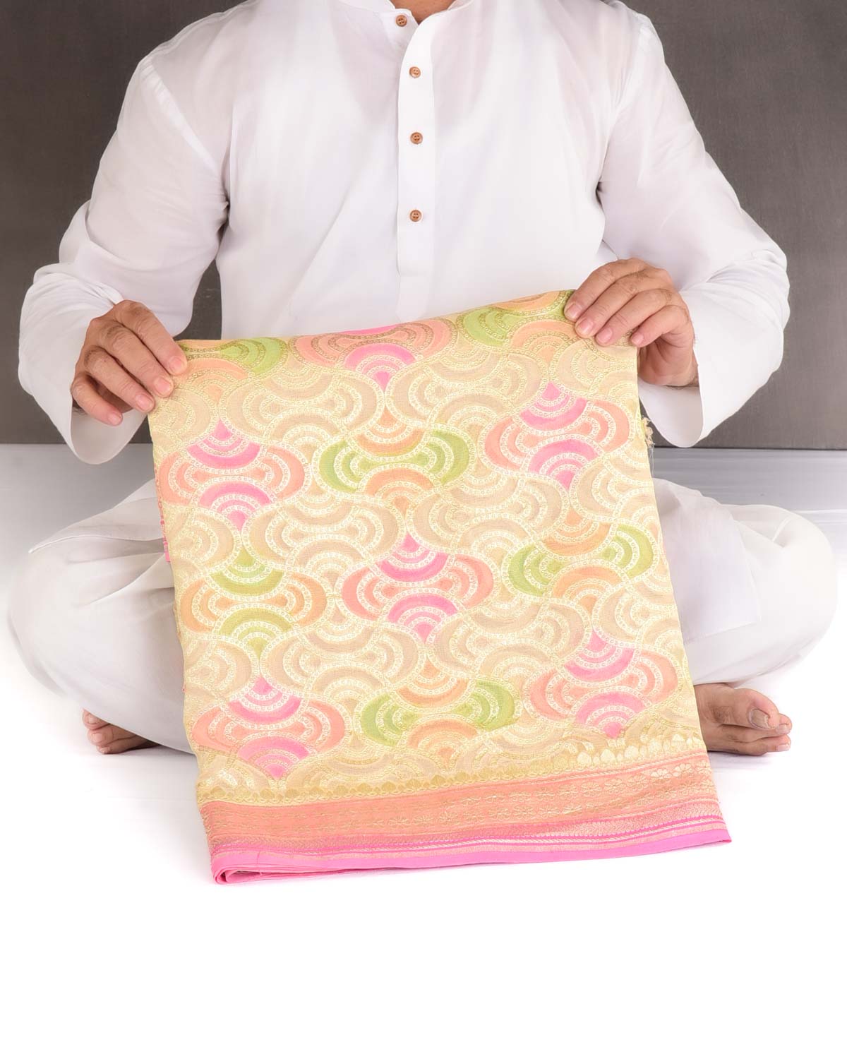 Beige Gold Zari Labyrinth Grids Hand Brush Dye Cutwork Brocade Handwoven Khaddi Georgette Banarasi Saree-HolyWeaves