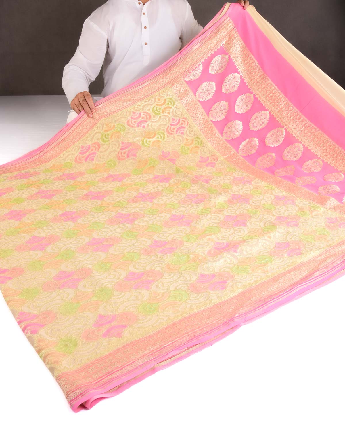 Beige Gold Zari Labyrinth Grids Hand Brush Dye Cutwork Brocade Handwoven Khaddi Georgette Banarasi Saree-HolyWeaves