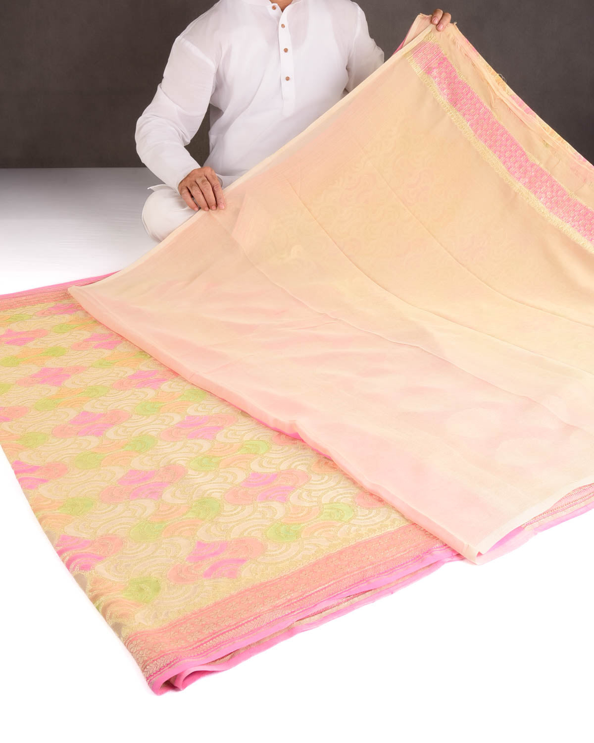 Beige Gold Zari Labyrinth Grids Hand Brush Dye Cutwork Brocade Handwoven Khaddi Georgette Banarasi Saree-HolyWeaves
