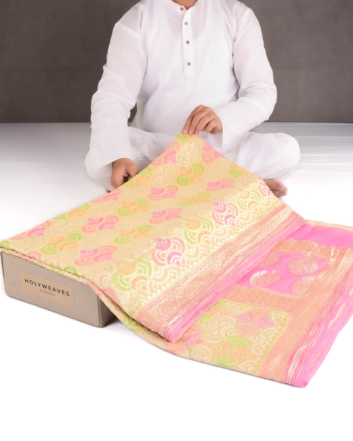Beige Gold Zari Labyrinth Grids Hand Brush Dye Cutwork Brocade Handwoven Khaddi Georgette Banarasi Saree-HolyWeaves