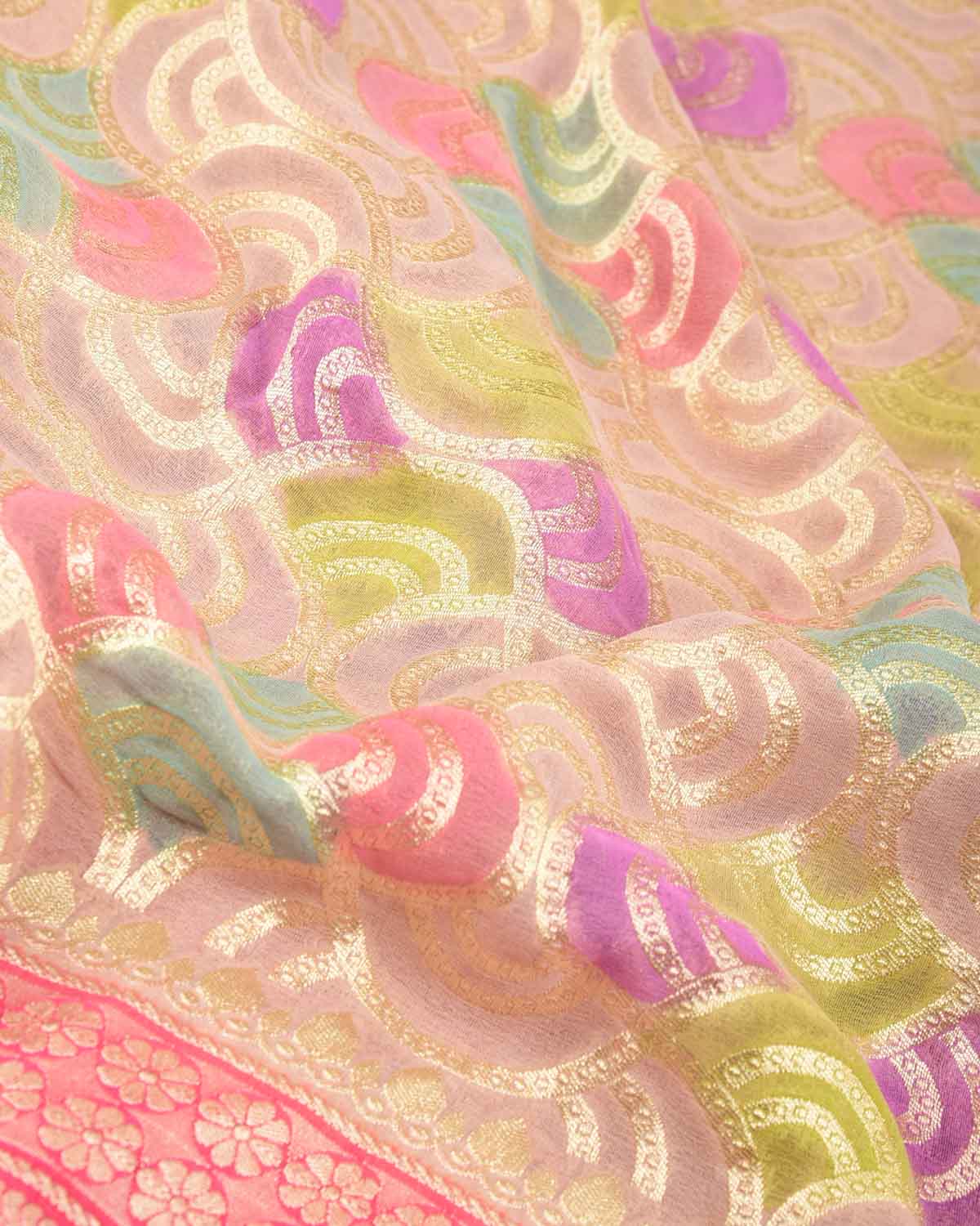 Rosy Brown Gold Zari Labyrinth Grids Hand Brush Dye Cutwork Brocade Handwoven Khaddi Georgette Banarasi Saree-HolyWeaves