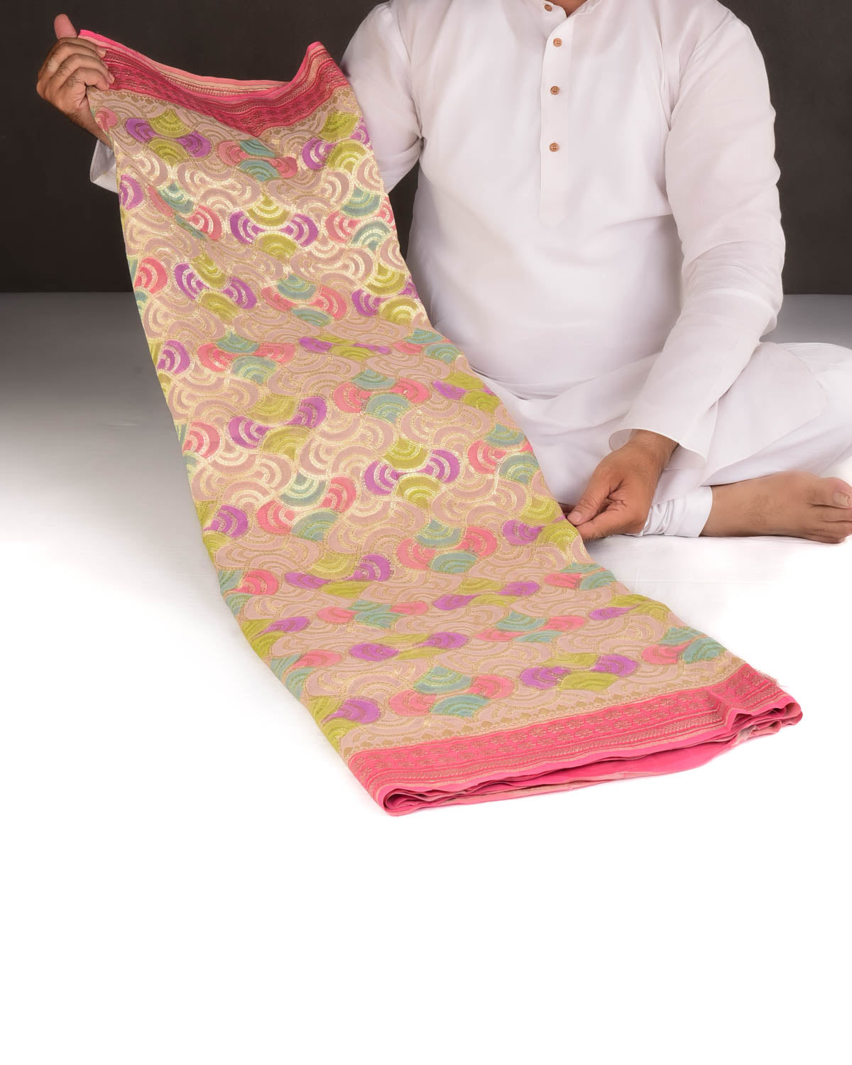 Rosy Brown Gold Zari Labyrinth Grids Hand Brush Dye Cutwork Brocade Handwoven Khaddi Georgette Banarasi Saree-HolyWeaves