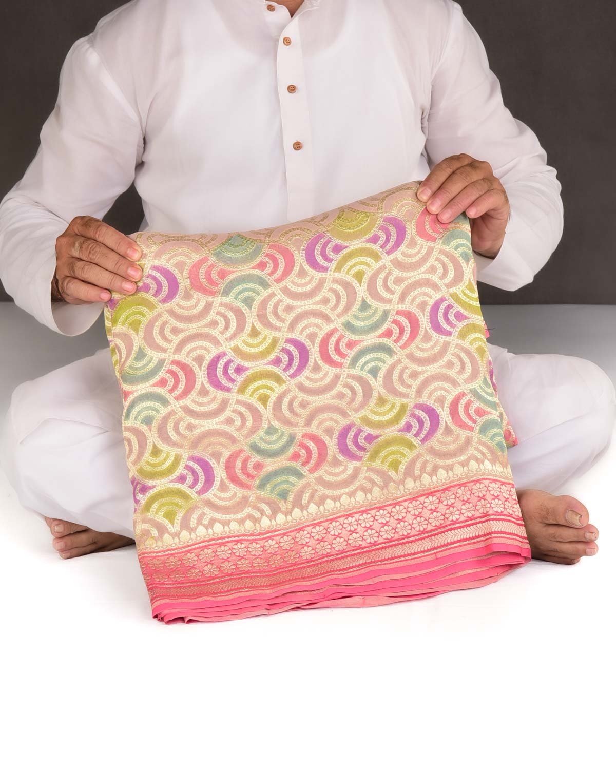 Rosy Brown Gold Zari Labyrinth Grids Hand Brush Dye Cutwork Brocade Handwoven Khaddi Georgette Banarasi Saree-HolyWeaves