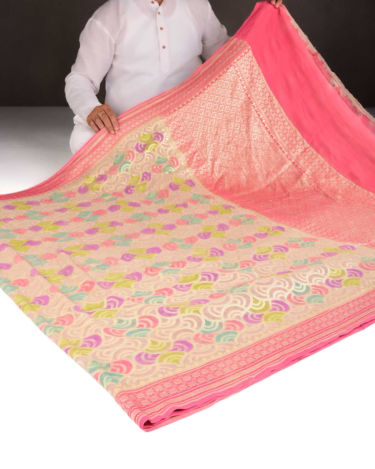 Rosy Brown Gold Zari Labyrinth Grids Hand Brush Dye Cutwork Brocade Handwoven Khaddi Georgette Banarasi Saree-HolyWeaves