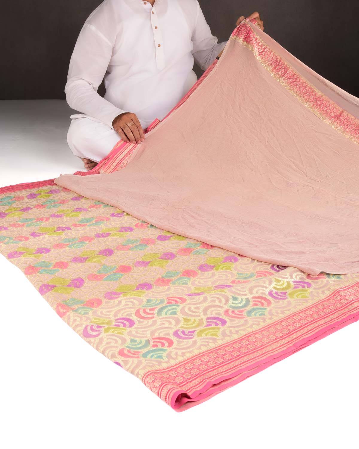 Rosy Brown Gold Zari Labyrinth Grids Hand Brush Dye Cutwork Brocade Handwoven Khaddi Georgette Banarasi Saree-HolyWeaves