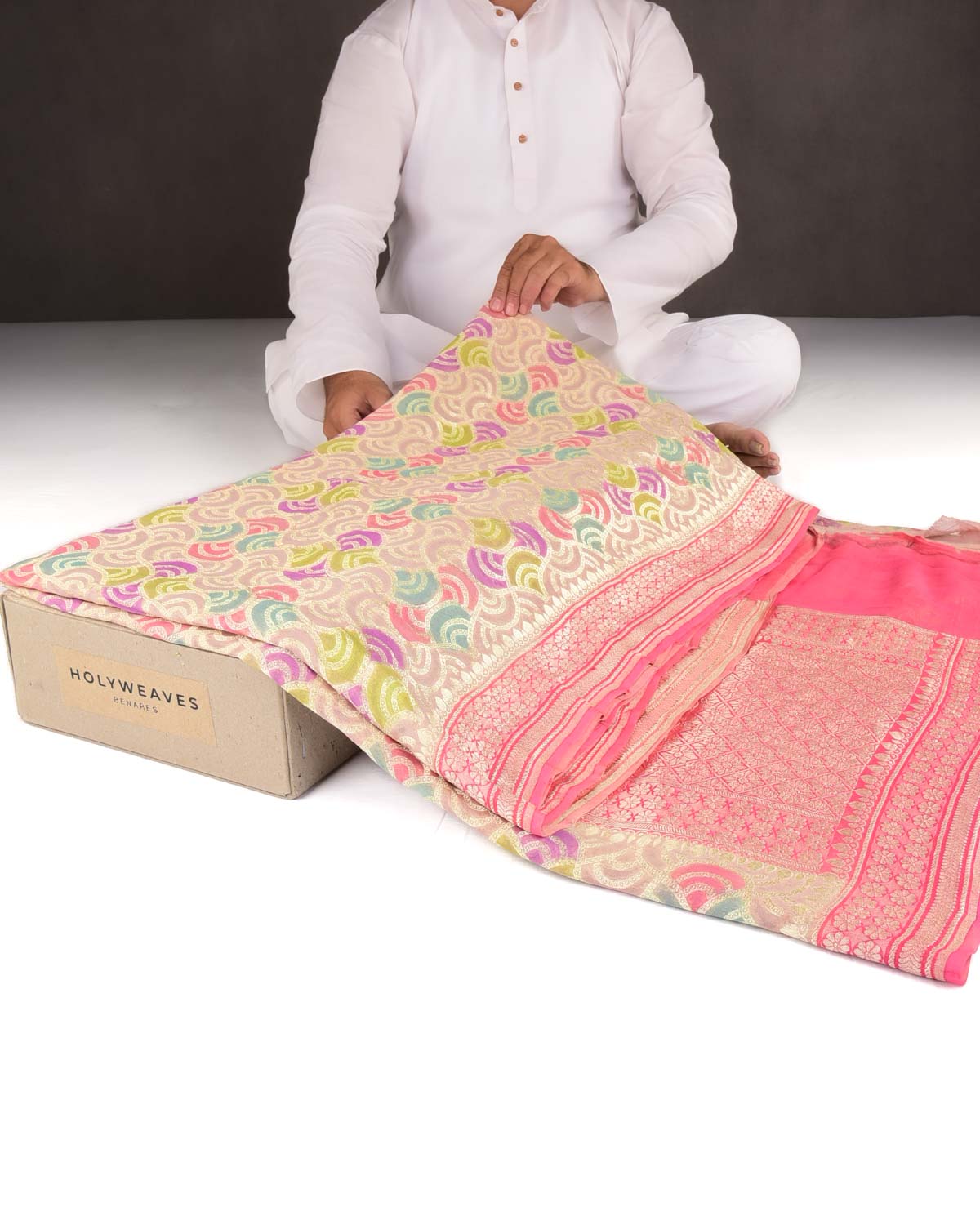 Rosy Brown Gold Zari Labyrinth Grids Hand Brush Dye Cutwork Brocade Handwoven Khaddi Georgette Banarasi Saree-HolyWeaves