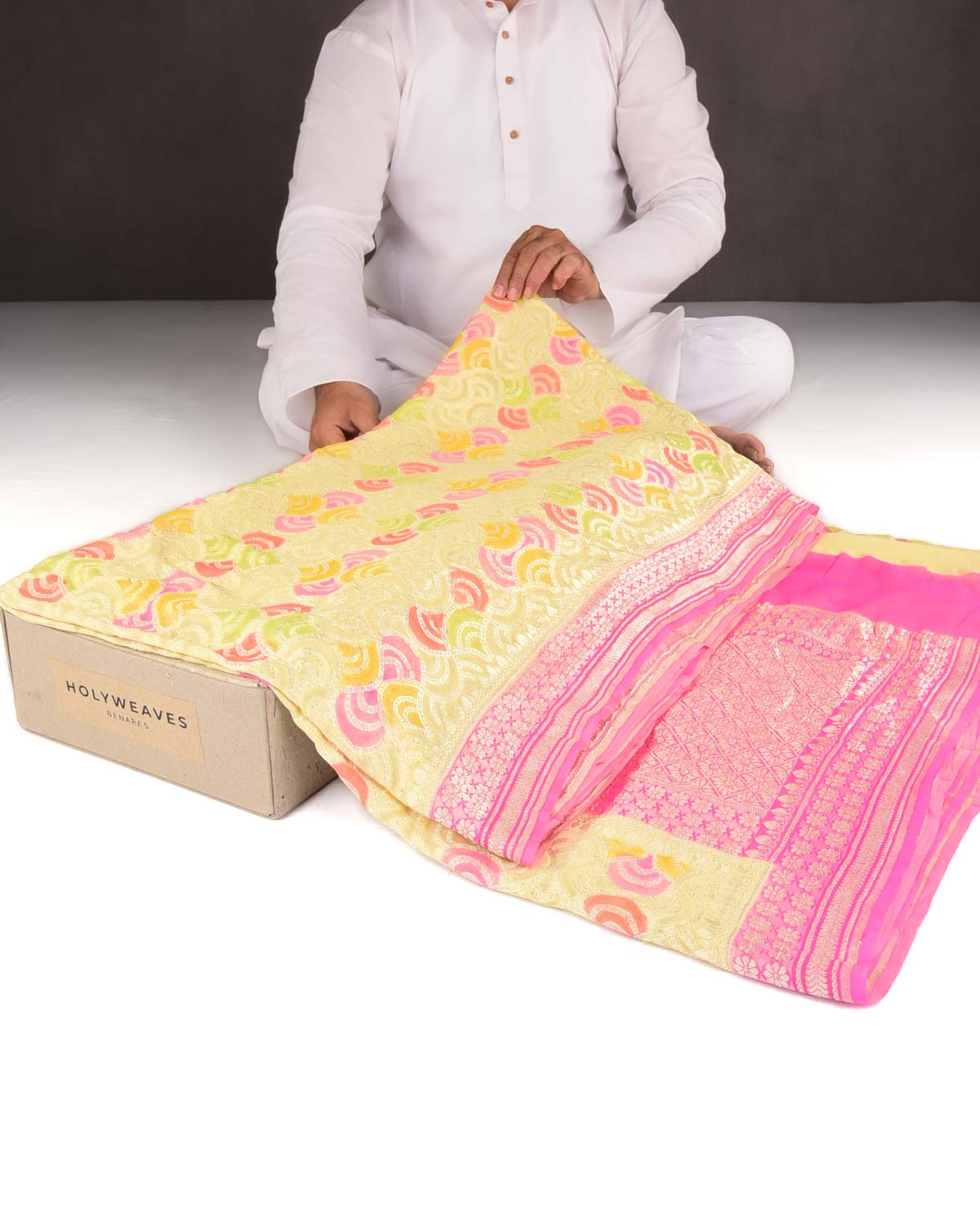 Yellow Gold Zari Labyrinth Grids Hand Brush Dye Cutwork Brocade Handwoven Khaddi Georgette Banarasi Saree-HolyWeaves