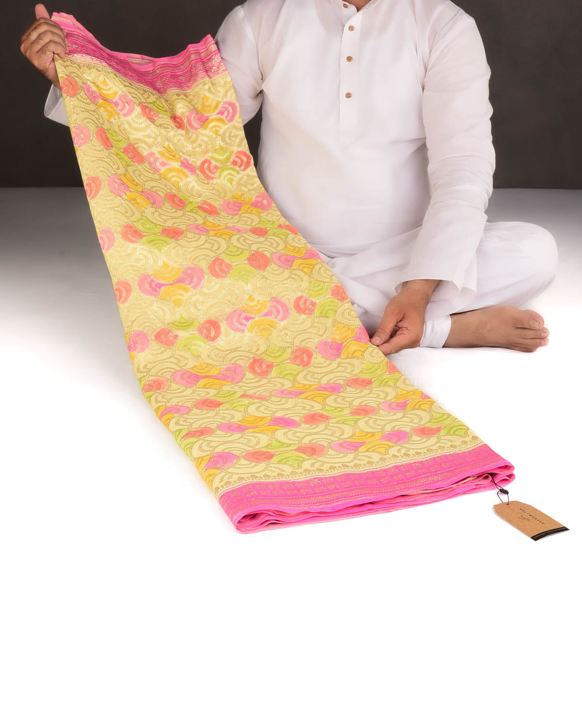 Yellow Gold Zari Labyrinth Grids Hand Brush Dye Cutwork Brocade Handwoven Khaddi Georgette Banarasi Saree-HolyWeaves