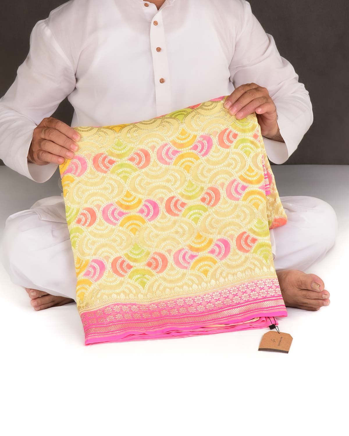 Yellow Gold Zari Labyrinth Grids Hand Brush Dye Cutwork Brocade Handwoven Khaddi Georgette Banarasi Saree-HolyWeaves