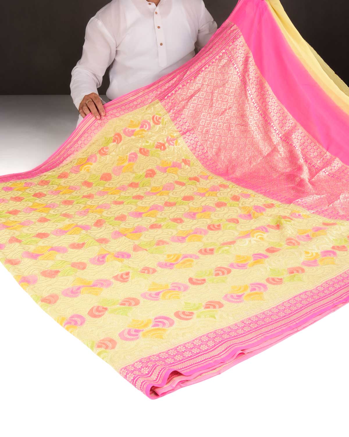 Yellow Gold Zari Labyrinth Grids Hand Brush Dye Cutwork Brocade Handwoven Khaddi Georgette Banarasi Saree-HolyWeaves