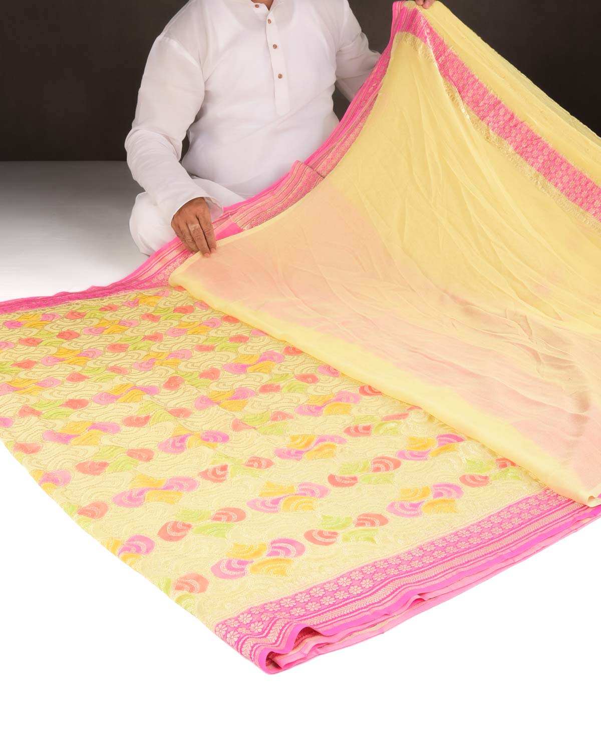 Yellow Gold Zari Labyrinth Grids Hand Brush Dye Cutwork Brocade Handwoven Khaddi Georgette Banarasi Saree-HolyWeaves