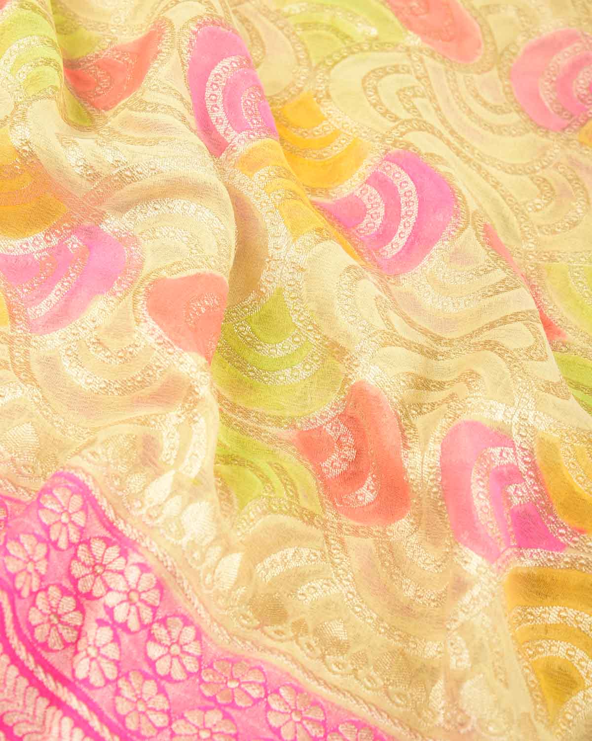 Yellow Gold Zari Labyrinth Grids Hand Brush Dye Cutwork Brocade Handwoven Khaddi Georgette Banarasi Saree-HolyWeaves