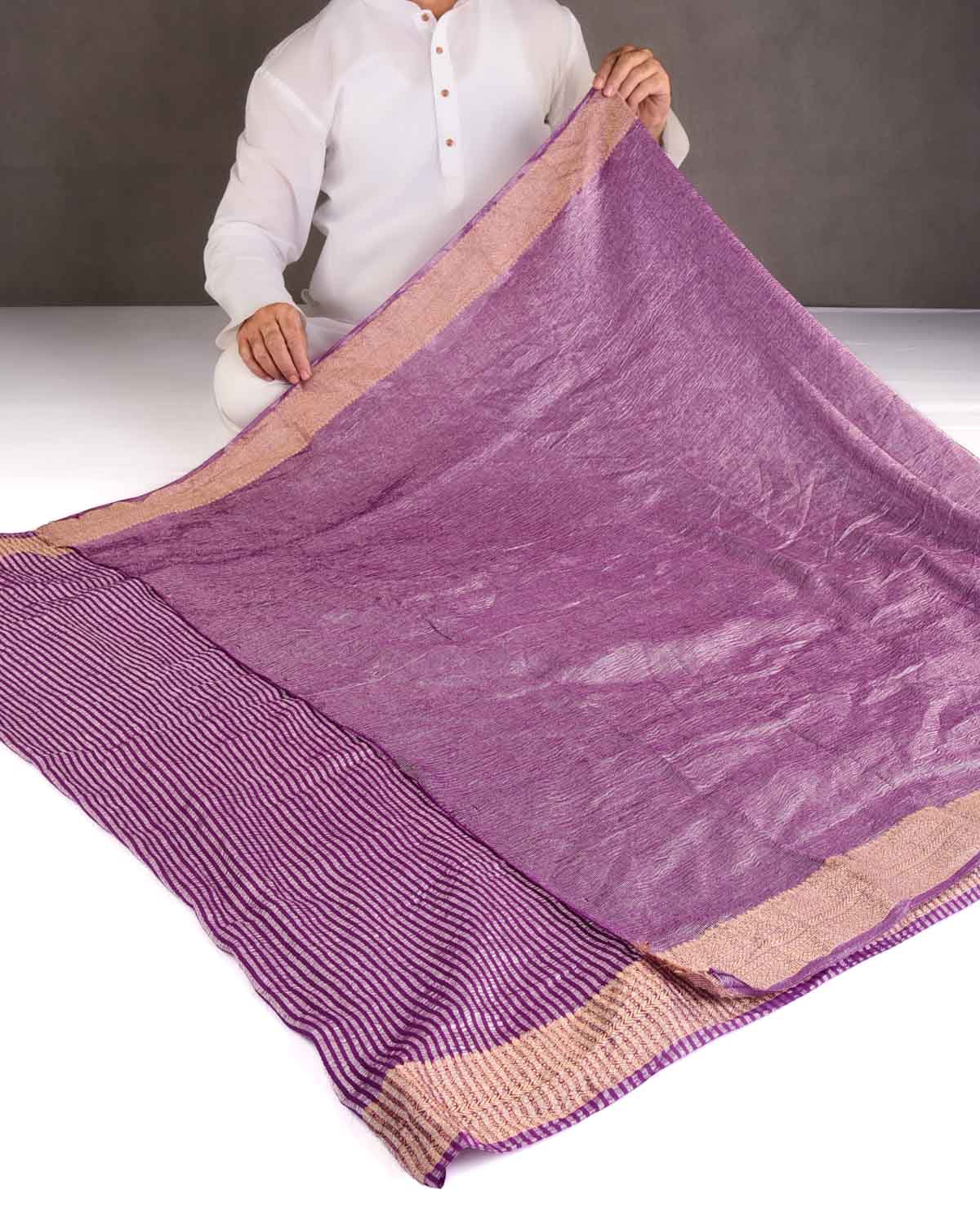 Purple Silver Zari Stripes Brocade Woven Muga Silk Banarasi Saree-HolyWeaves