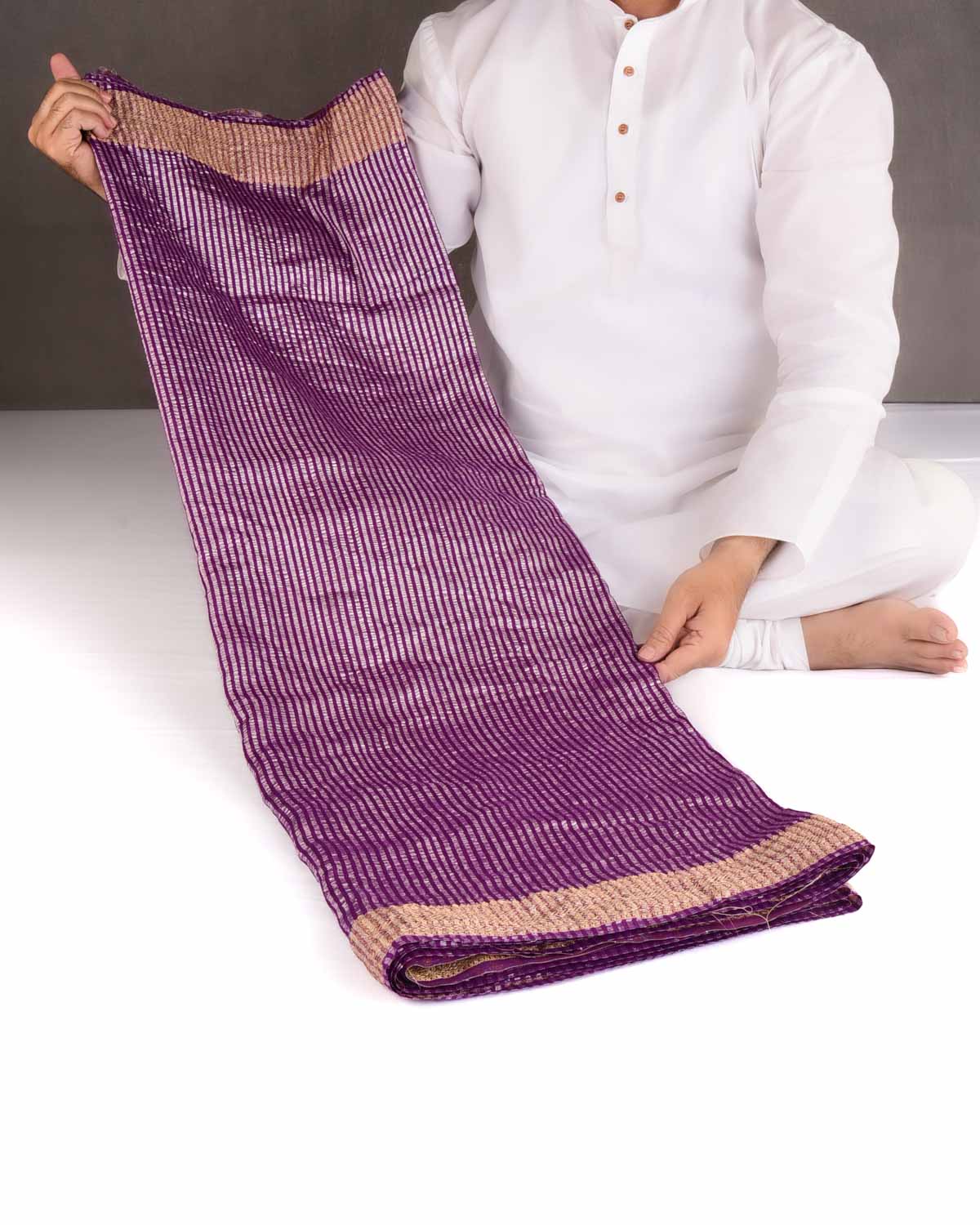 Purple Silver Zari Stripes Brocade Woven Muga Silk Banarasi Saree-HolyWeaves