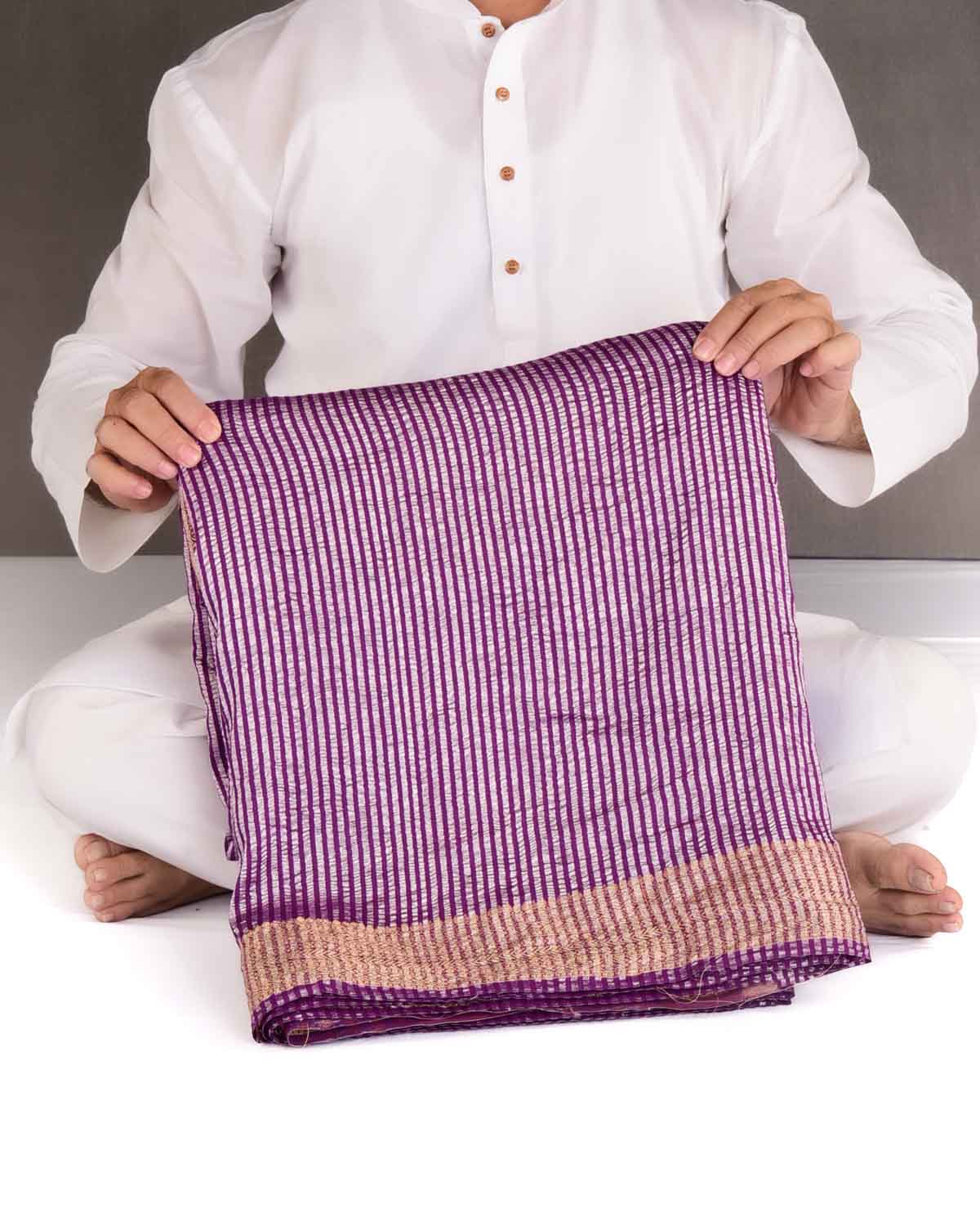 Purple Silver Zari Stripes Brocade Woven Muga Silk Banarasi Saree-HolyWeaves