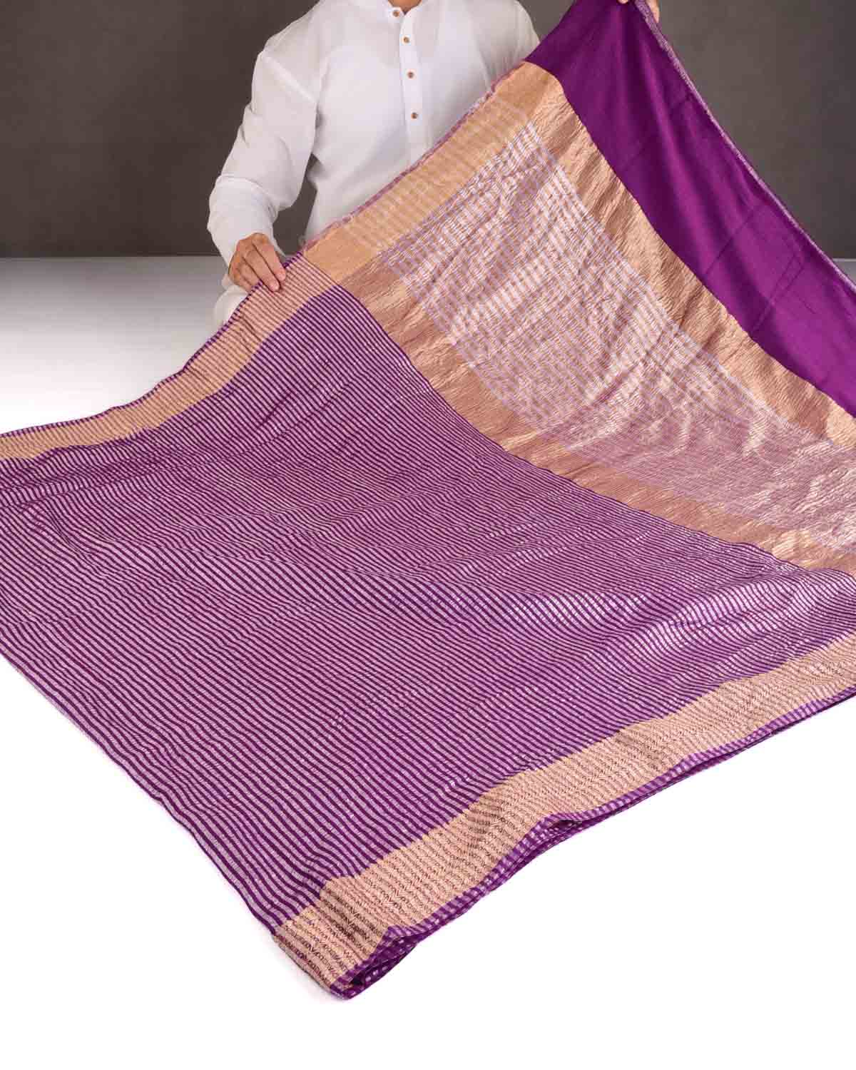 Purple Silver Zari Stripes Brocade Woven Muga Silk Banarasi Saree-HolyWeaves