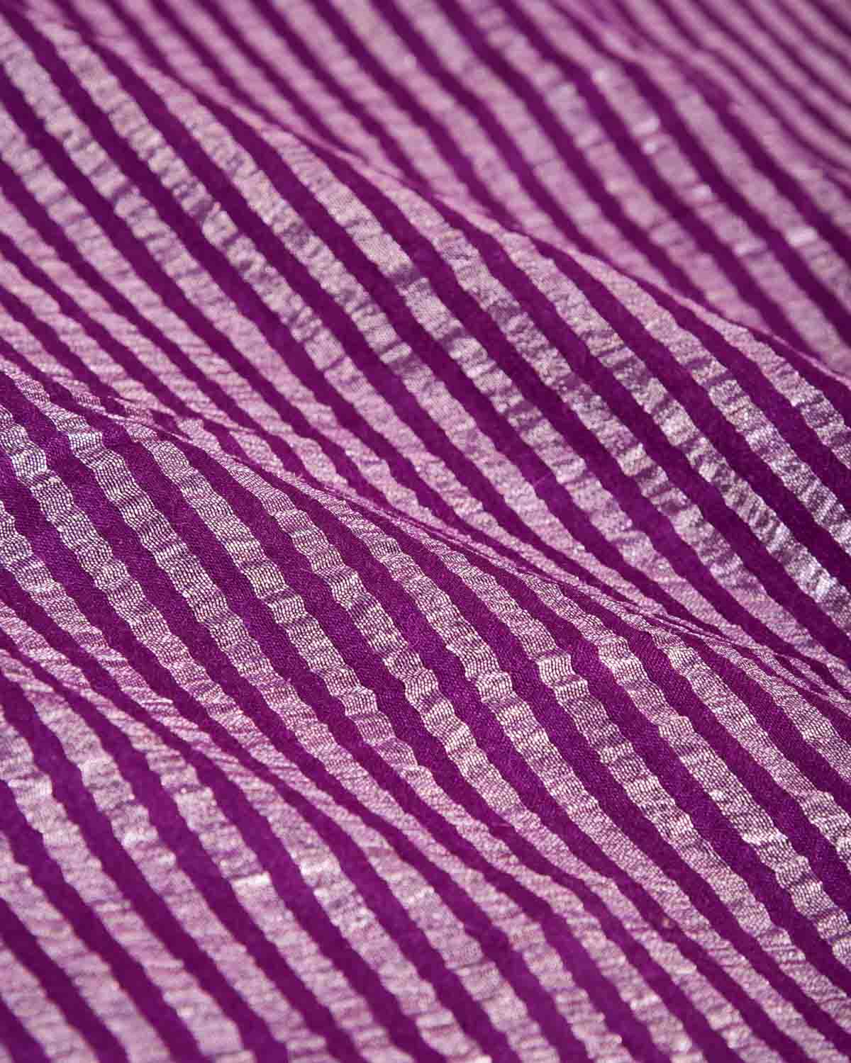 Purple Silver Zari Stripes Brocade Woven Muga Silk Banarasi Saree-HolyWeaves