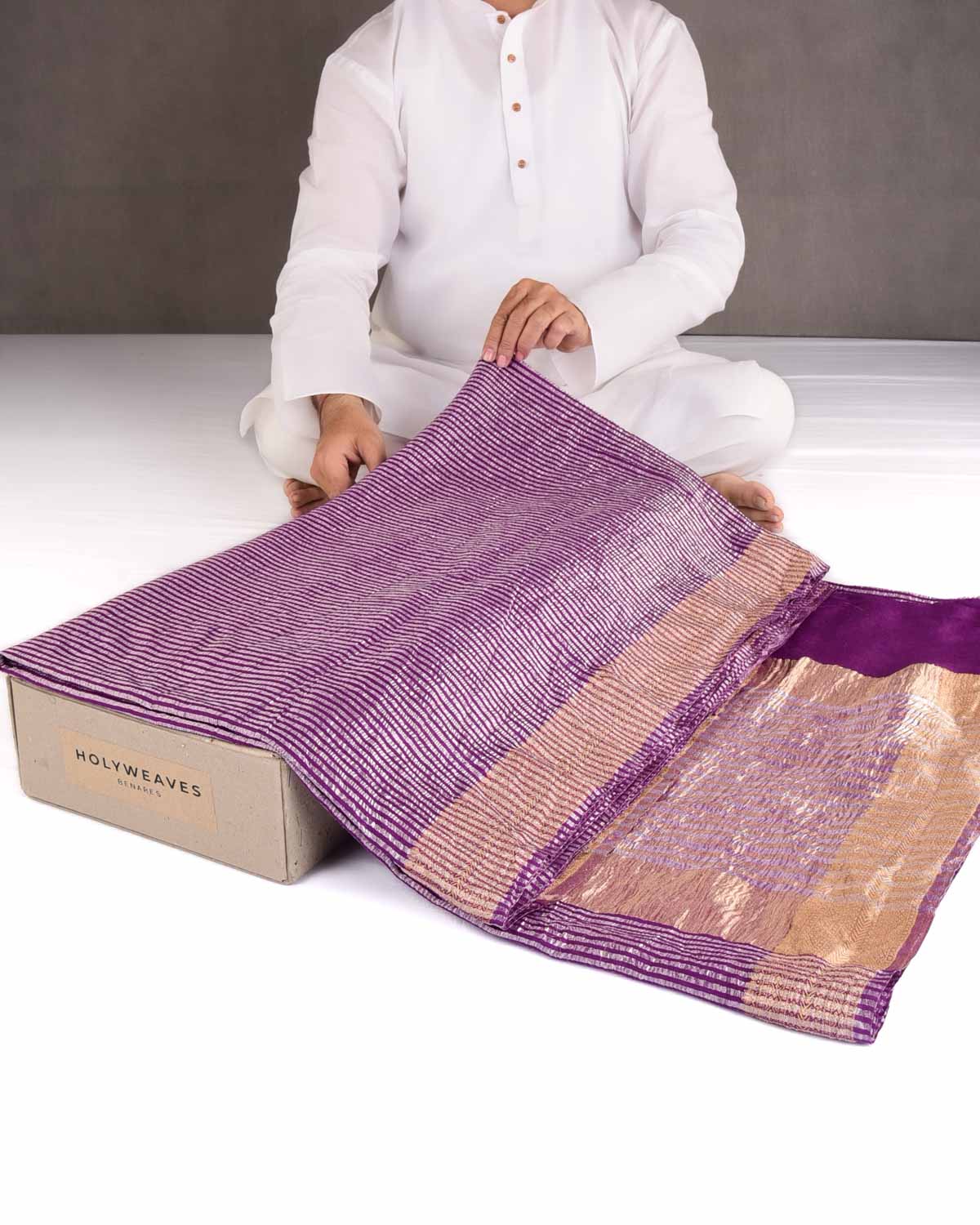Purple Silver Zari Stripes Brocade Woven Muga Silk Banarasi Saree-HolyWeaves